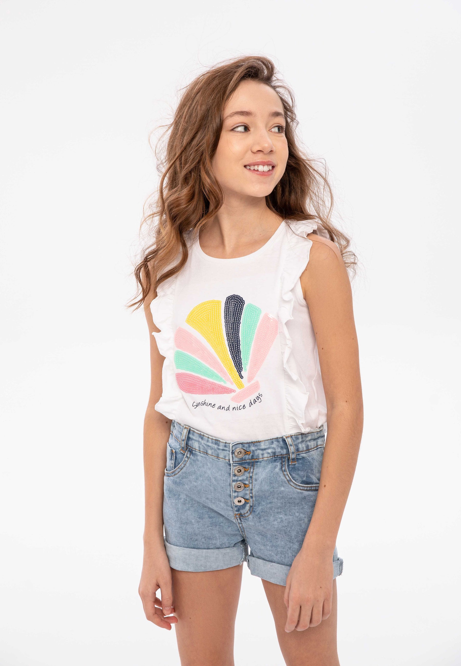 Denim Shorts, Sequin Pocket, Light Blue - 1