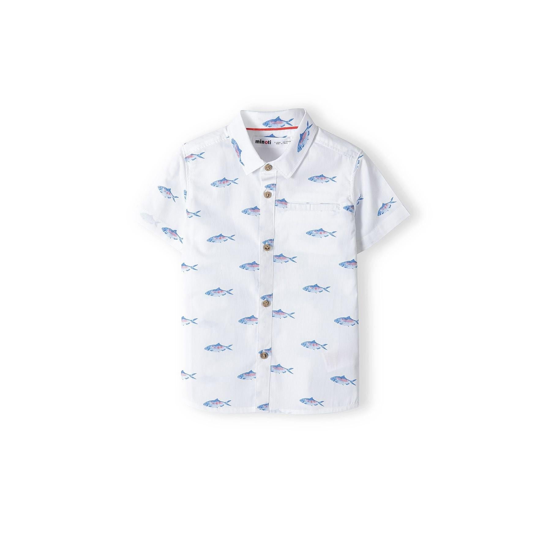 White poplin shirt with watercolour fish print displayed flat on white background, showing button-front closure and short sleeves