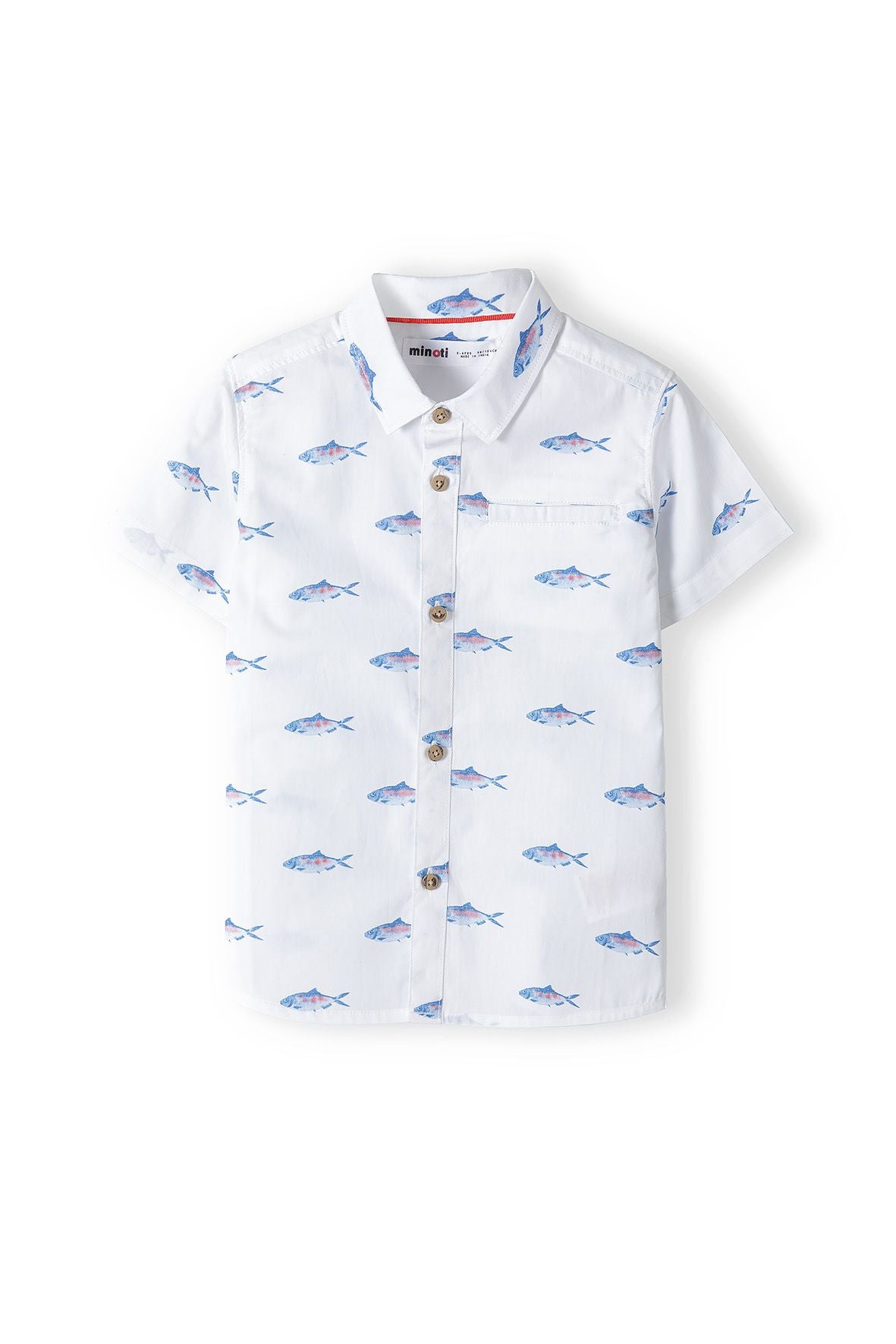 White and blue shirt, front.