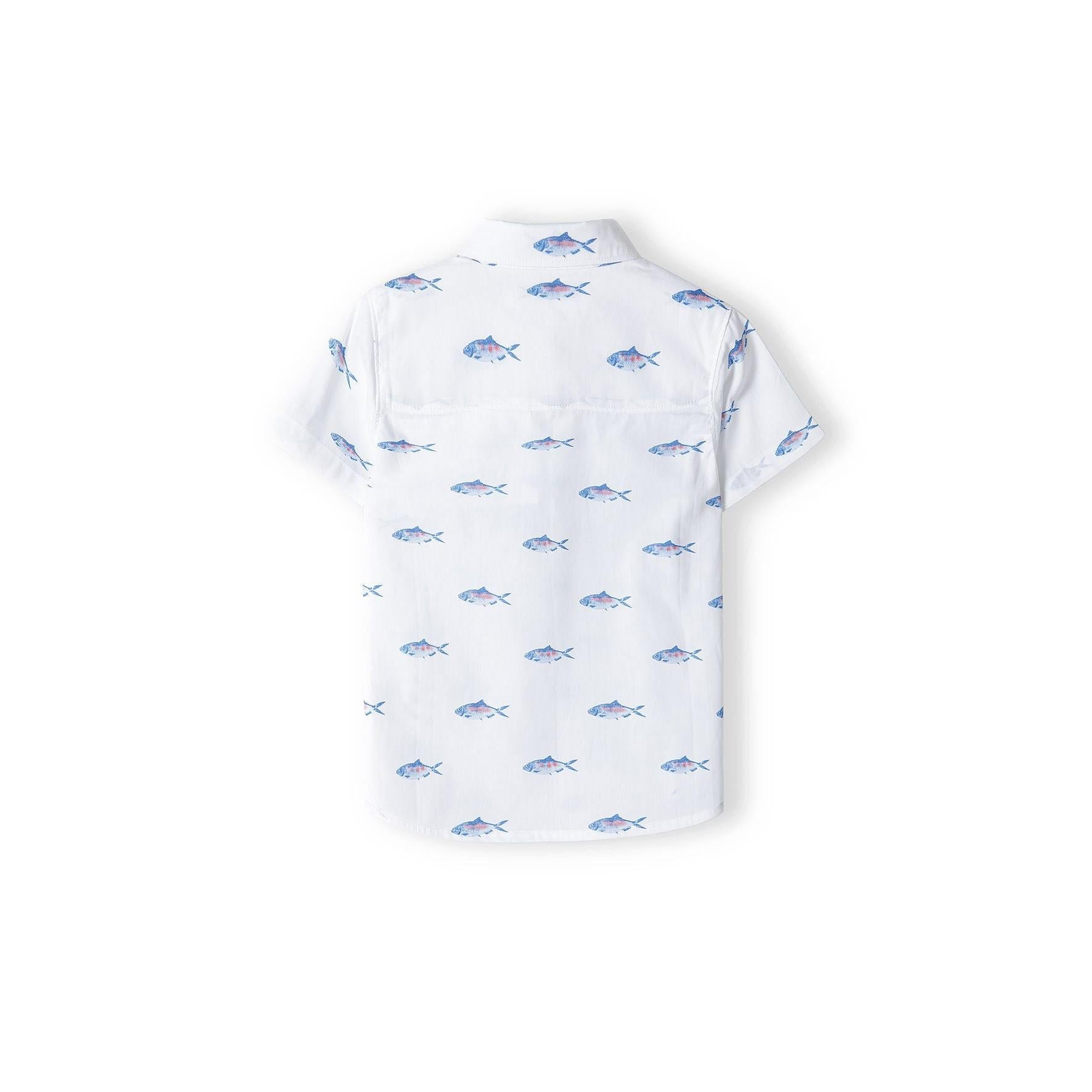 Back view of white shirt with all-over fish print pattern shown flat on white background