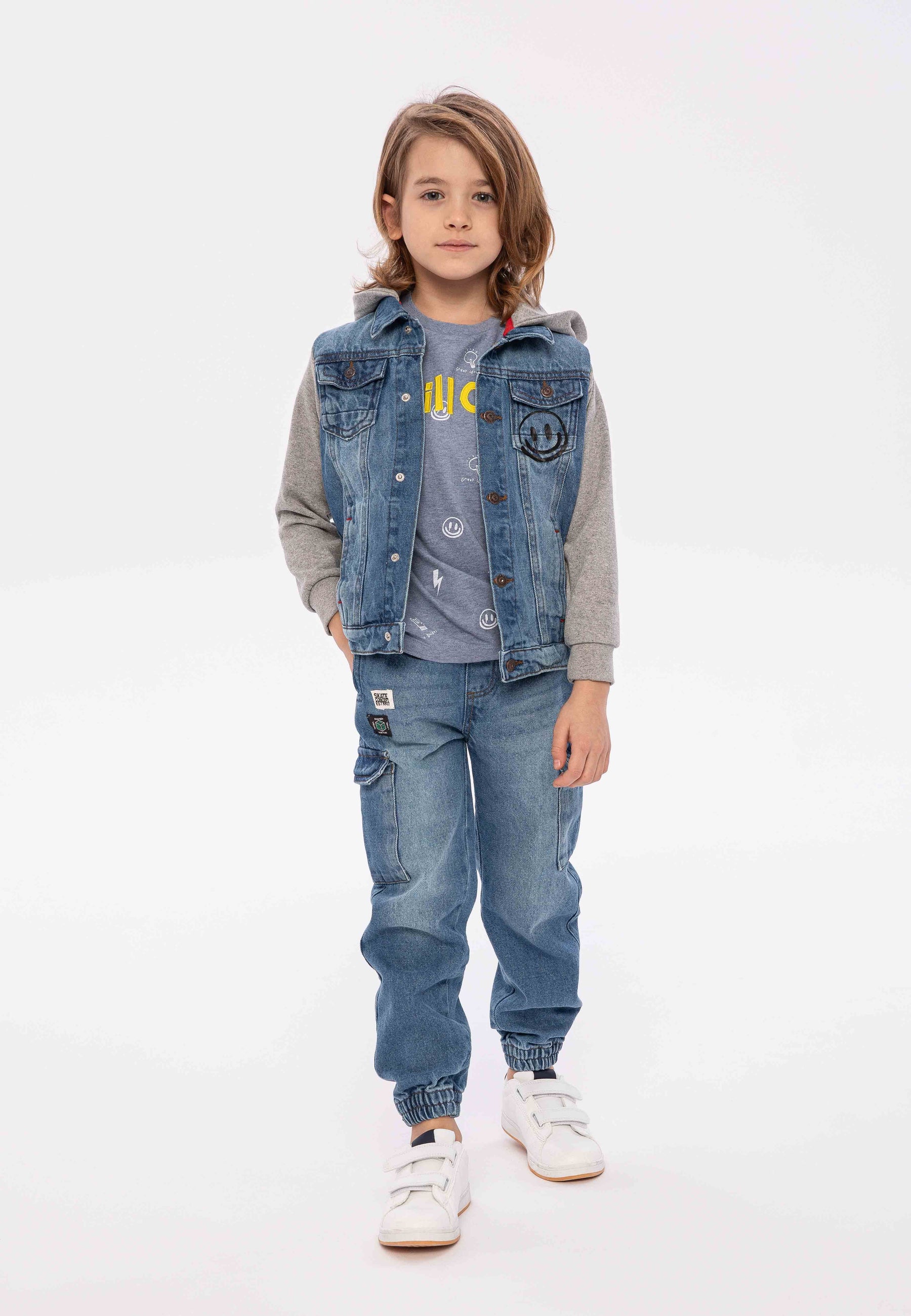 Denim Jacket with Fleece Hood, Light Blue - 1