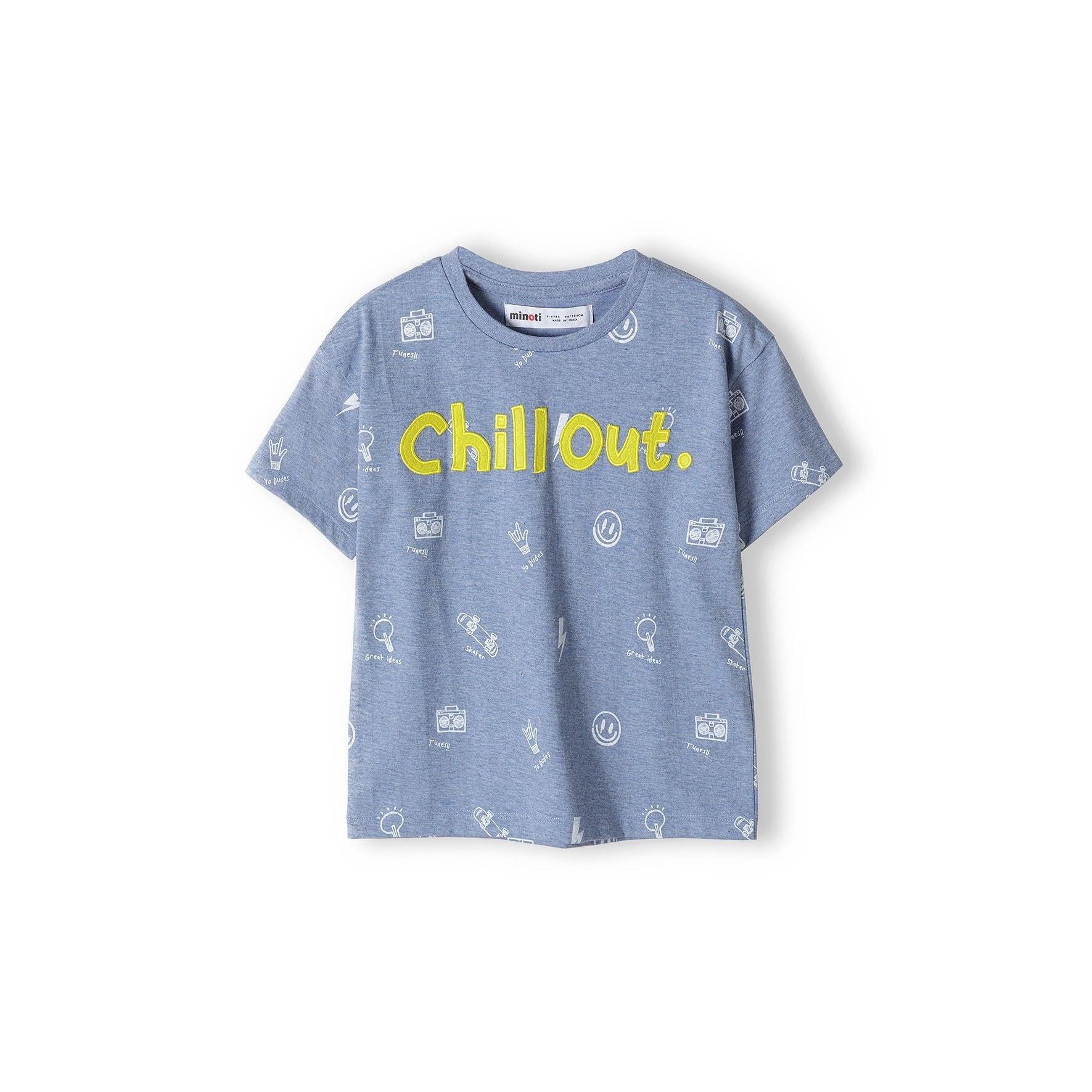 Blue heather t-shirt with yellow Chill Out text and scattered white print icons, flat lay on white background