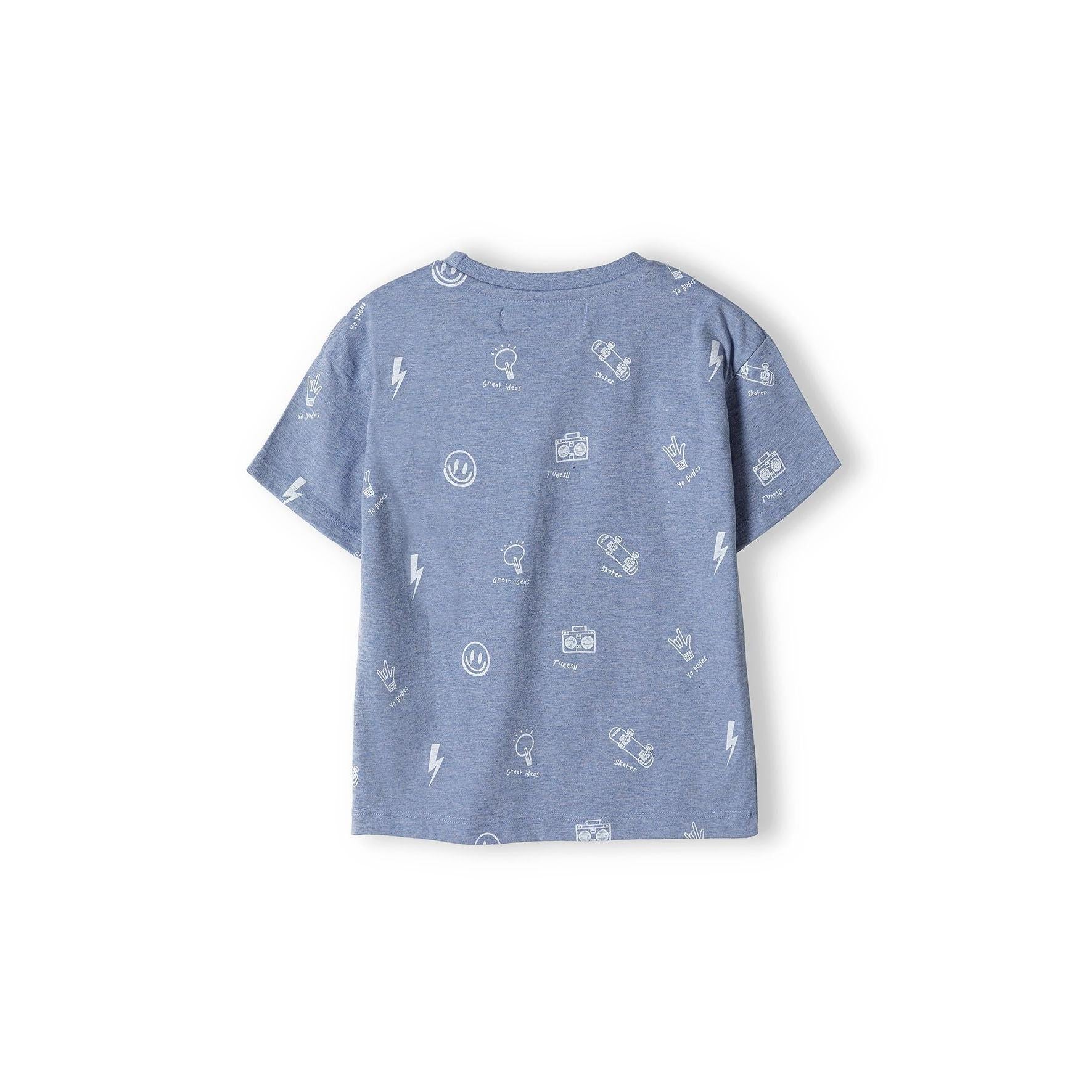 Back view of blue t-shirt showing allover scattered white print pattern with various icons and symbols