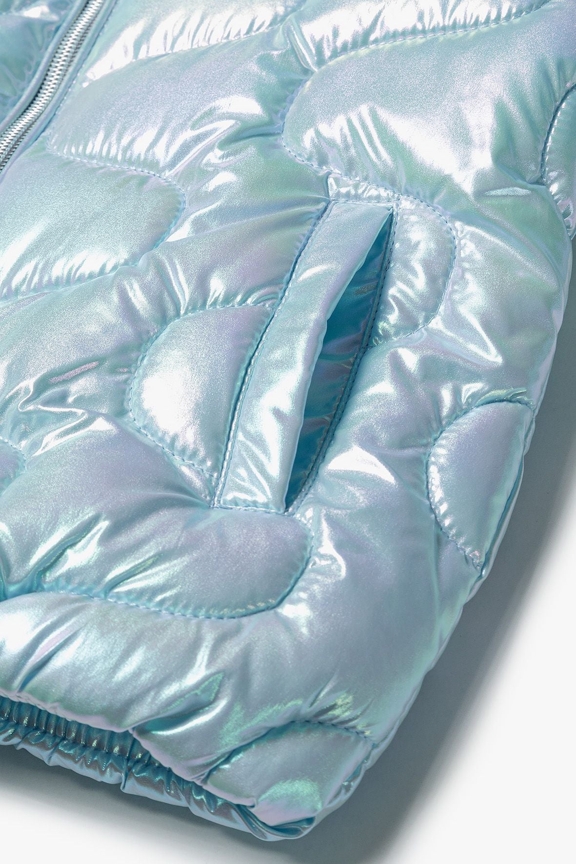 Quilted Puffer Jacket, Iridescent Blue, Funnel Neck - 5