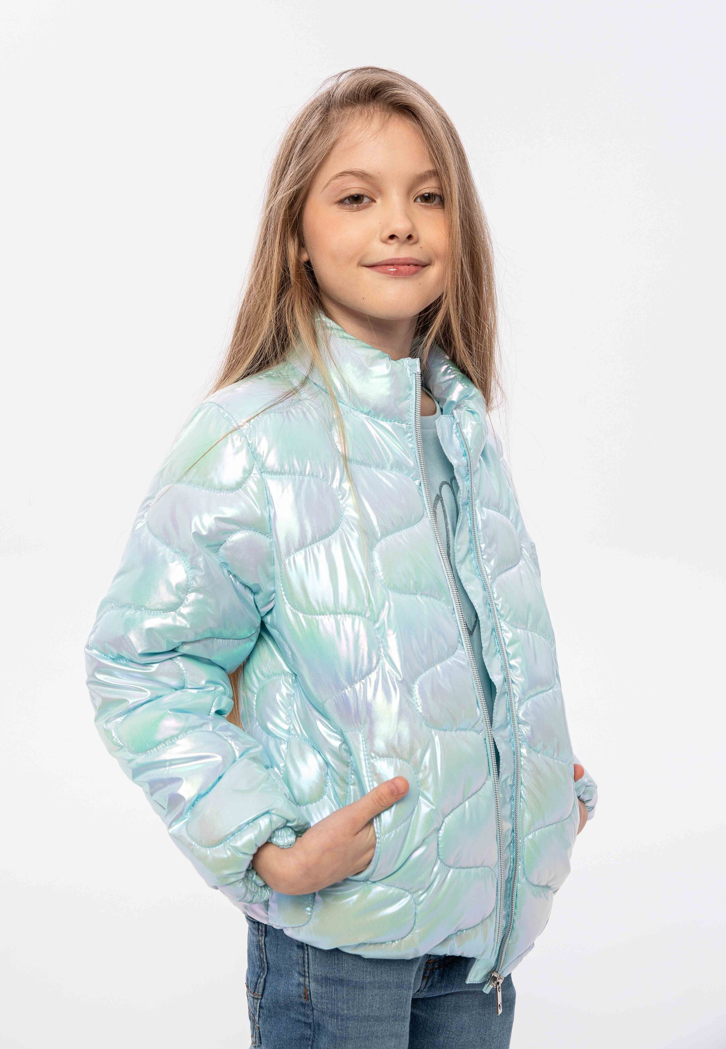 Quilted Puffer Jacket, Iridescent Blue, Funnel Neck - 1