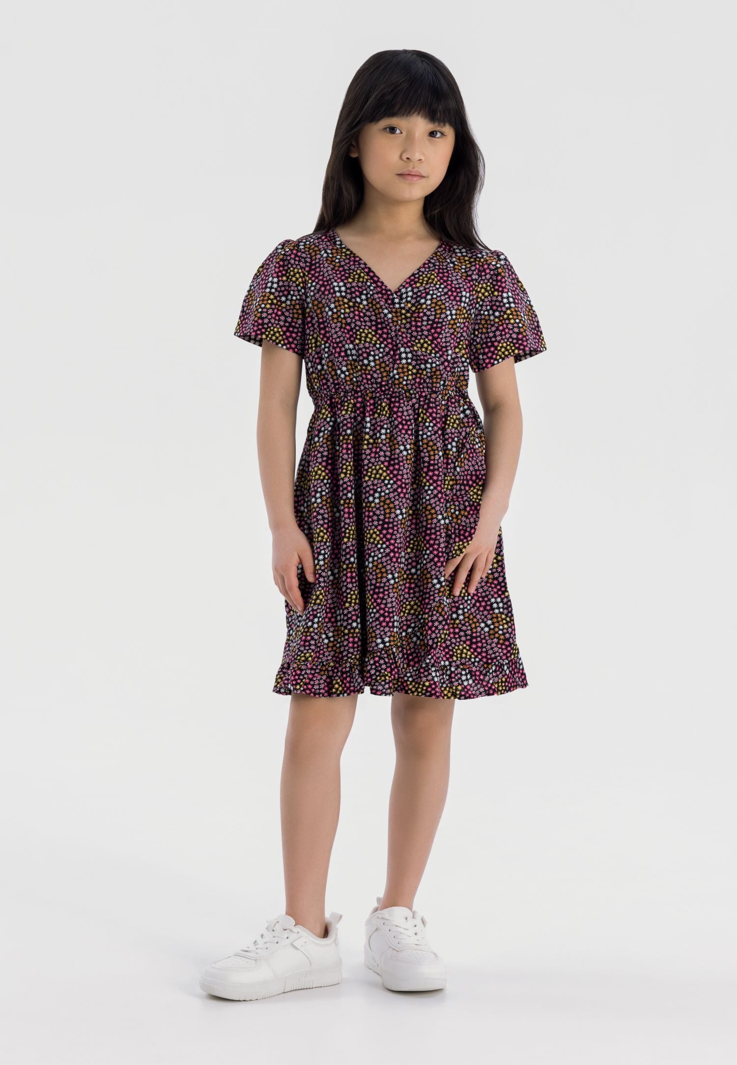 Wrap Dress, Multicolour Star Print, Frill Hem - 1