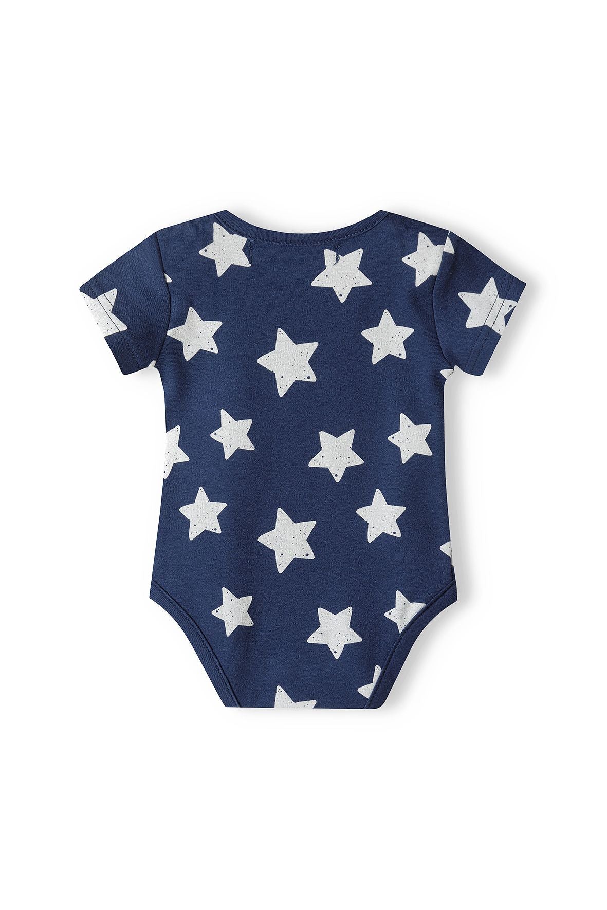 Navy and white short-sleeved bodysuits, navy star back.