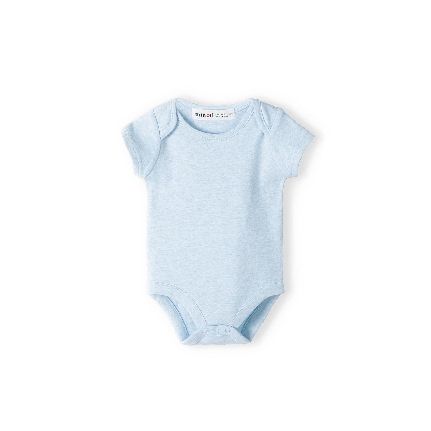 White baby bodysuit with small blue star pattern displayed flat on white background showing back view with short sleeves