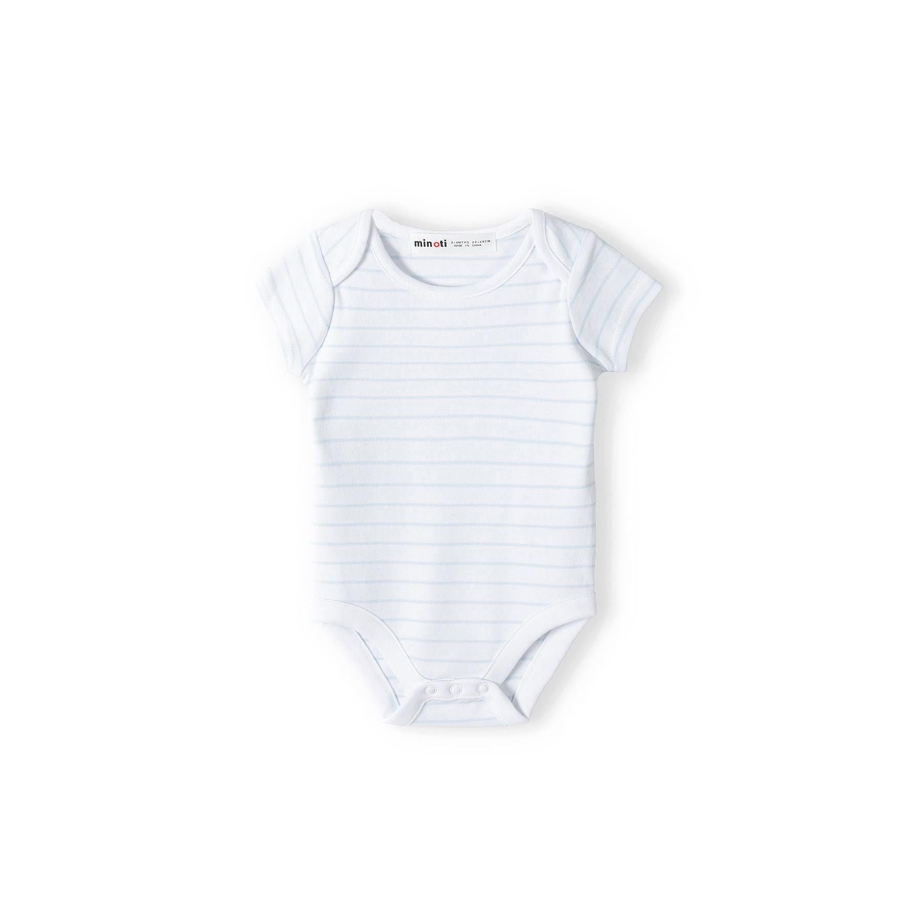 Single white baby bodysuit with light blue horizontal stripes displayed flat on white background showing front view with short sleeves