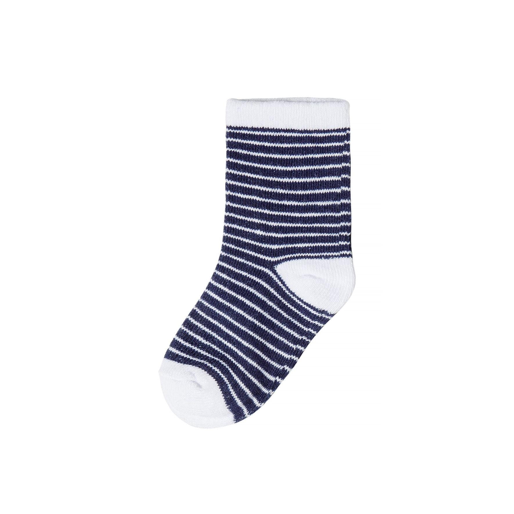 Single sock with thin horizontal stripes in navy blue and white displayed flat on white background