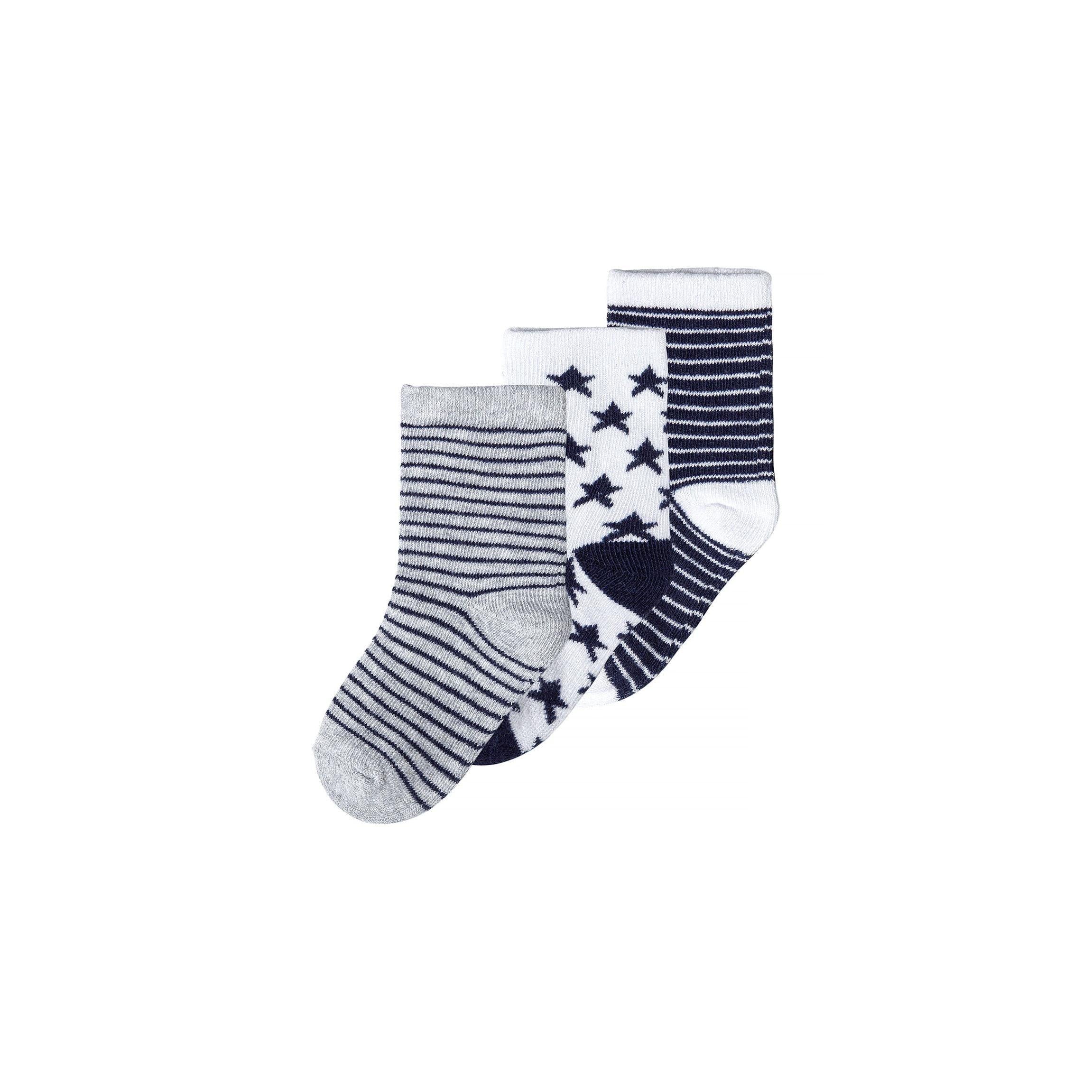 Three pairs of children's socks displayed on white background showing stripe and star patterns in blue, grey and white colours