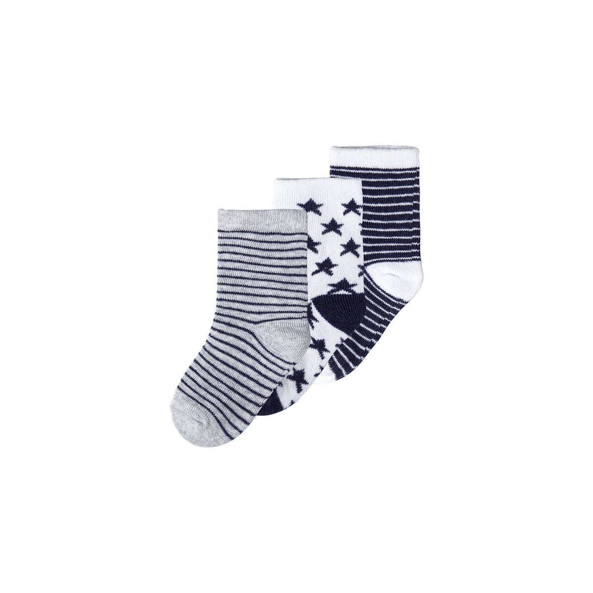Boys' socks in navy, white and grey — complete product view for square Shop card