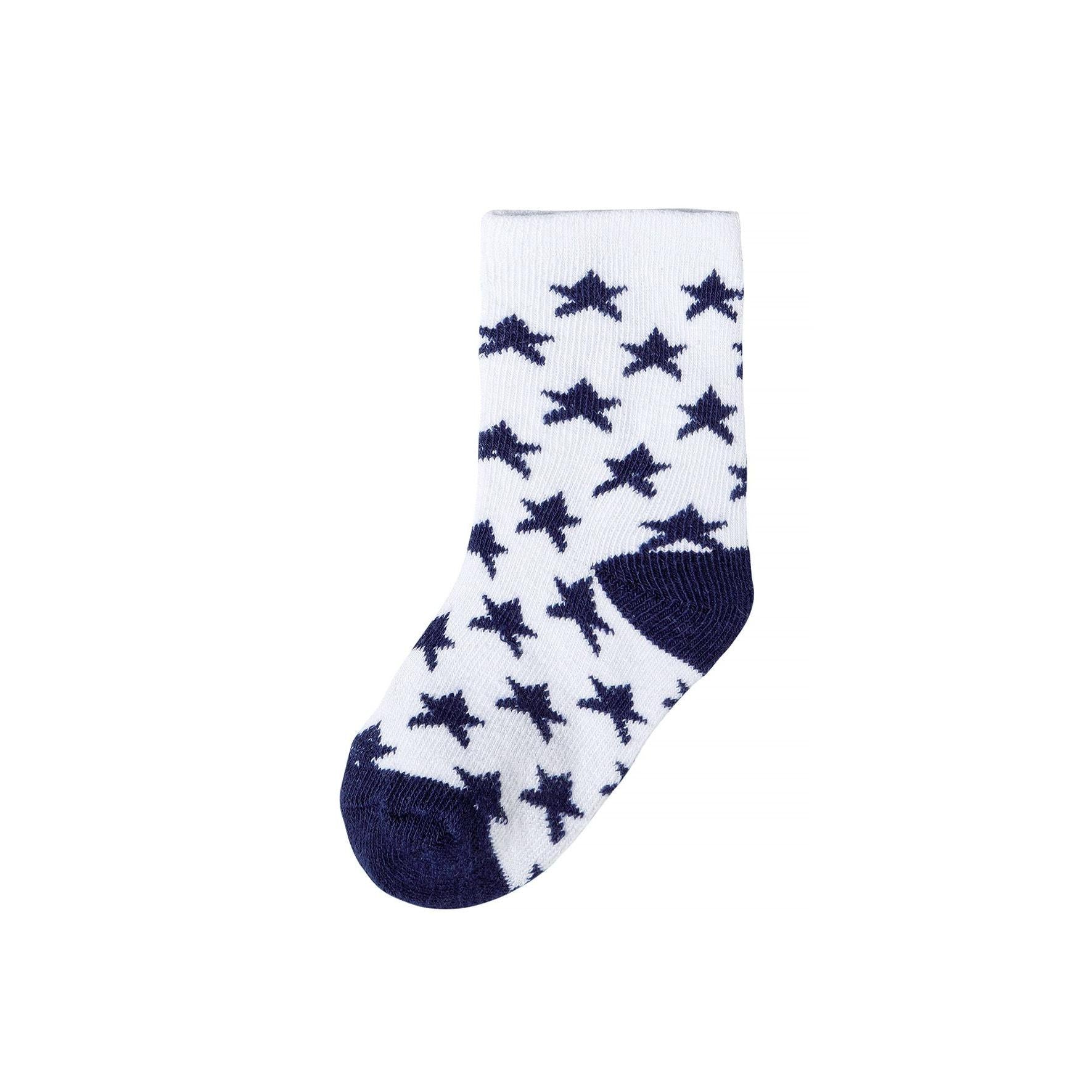 Single sock with horizontal stripe pattern in grey and navy blue displayed flat on white background