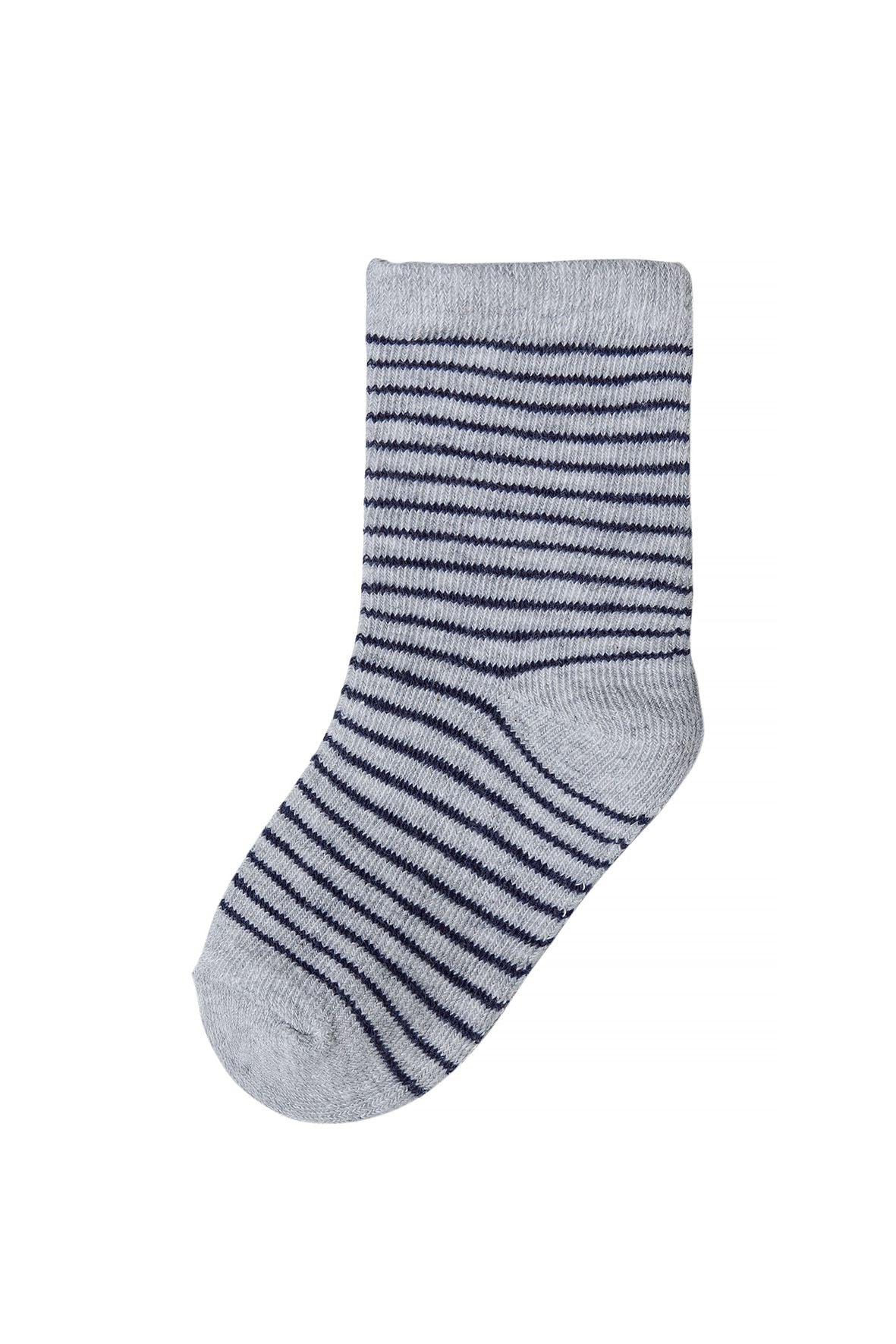 Navy, white and grey socks, grey striped sock.