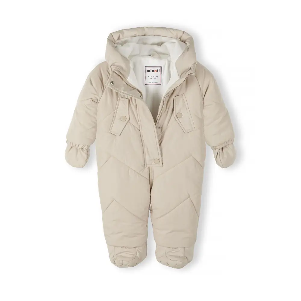 Close-up detail of attached quilted mittens showing cream padding and stitching construction on cream snowsuit