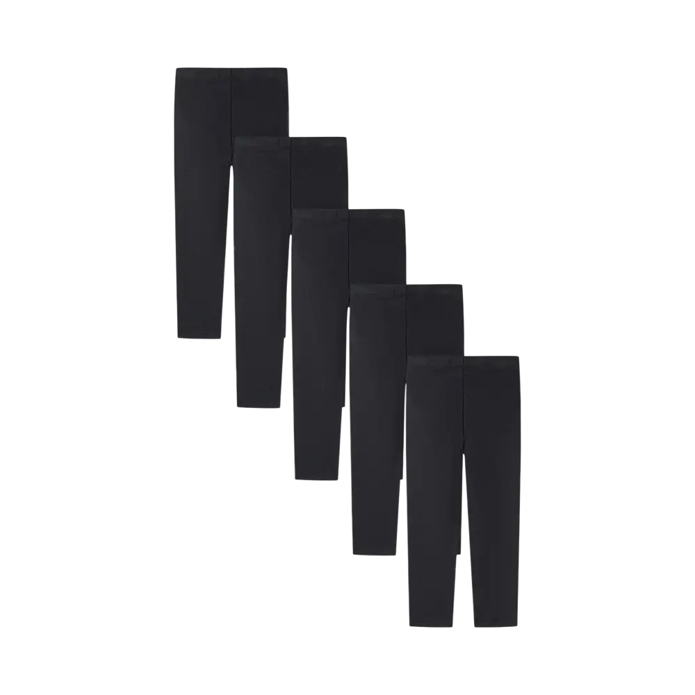 Five black jersey leggings arranged in overlapping fan pattern against black background showing the complete pack