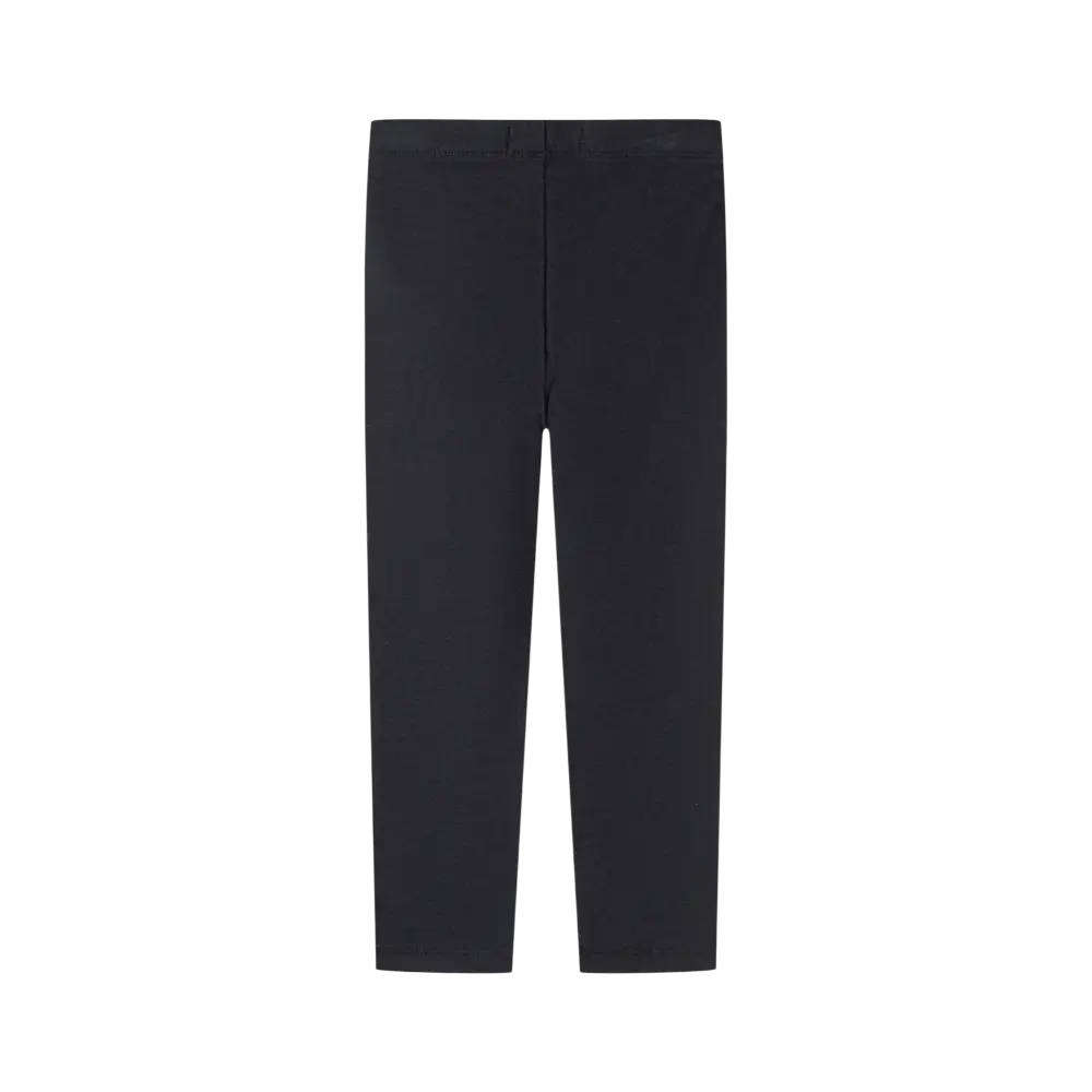 Black jersey leggings displayed flat showing elasticated waistband detail and full leg length against black background