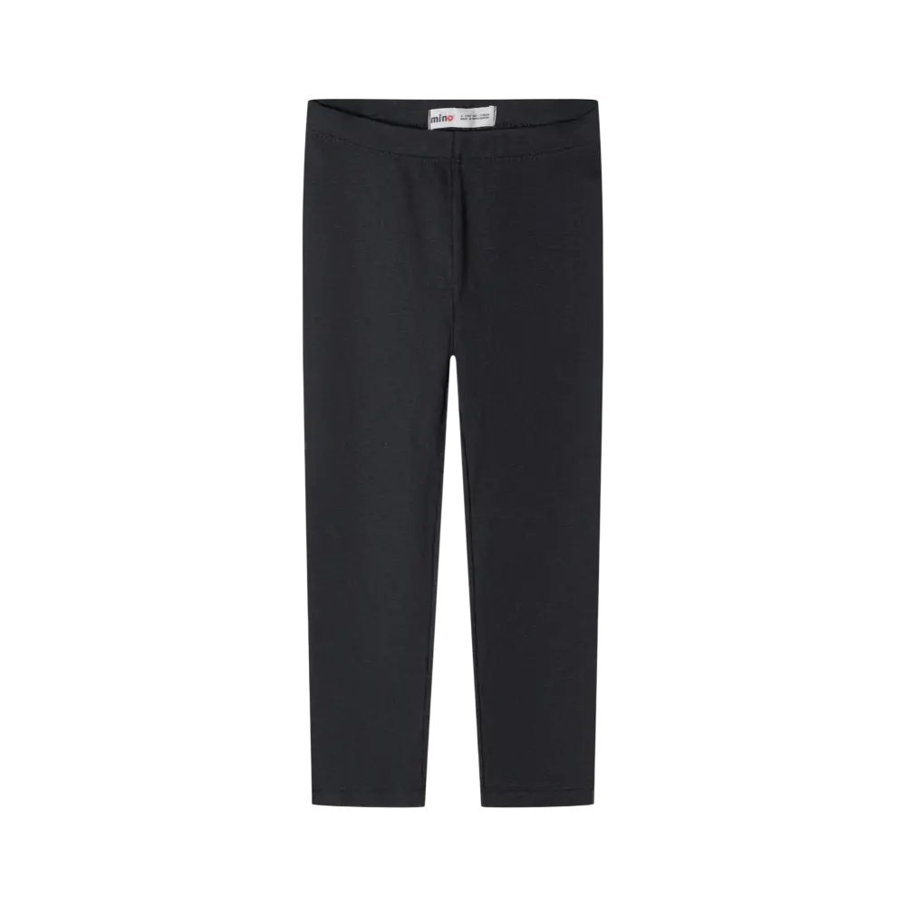 Single black jersey leggings laid flat showing full length with Minoti label at waistband against black background