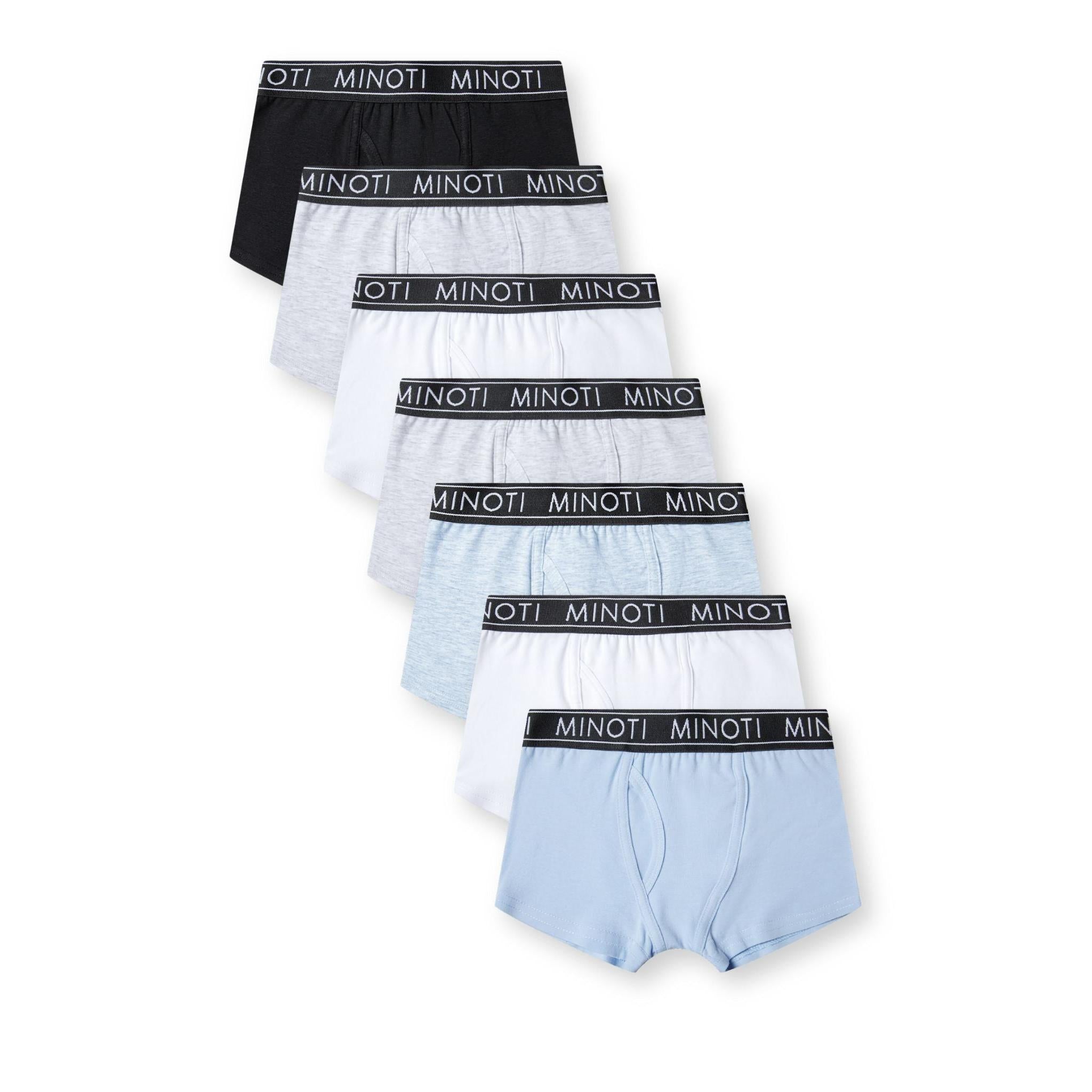 Seven multicolour boxer shorts arranged in fan formation showing black waistbands with Minoti branding in white, grey, and blue fabric colours against white background