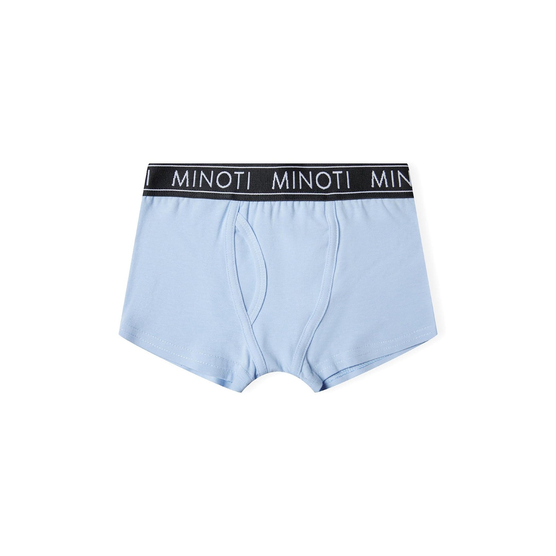 Single white boxer shorts with black elasticated waistband featuring repeated Minoti branding text displayed flat against white background