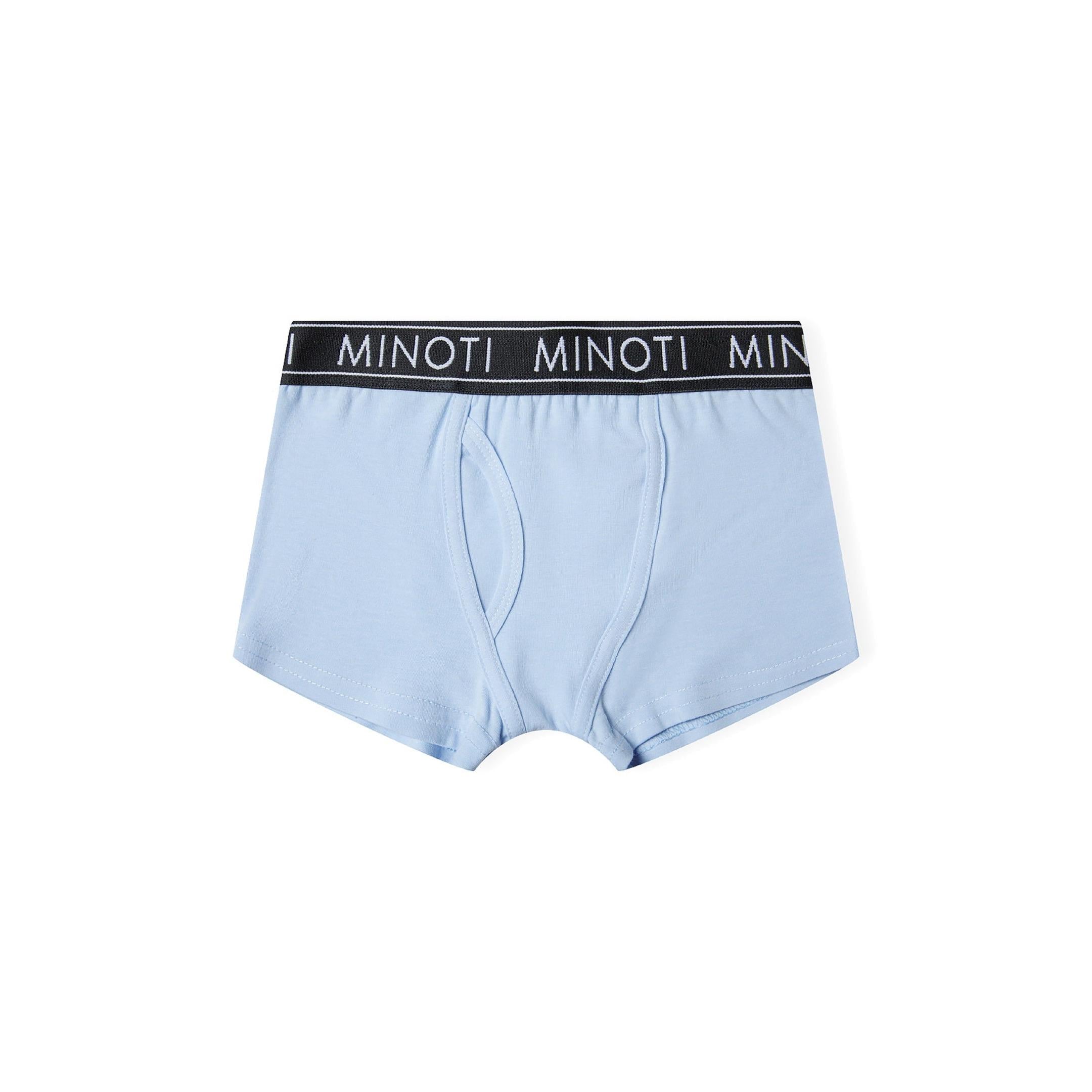 Single white boxer shorts with black elasticated waistband featuring repeated Minoti branding text displayed flat against white background