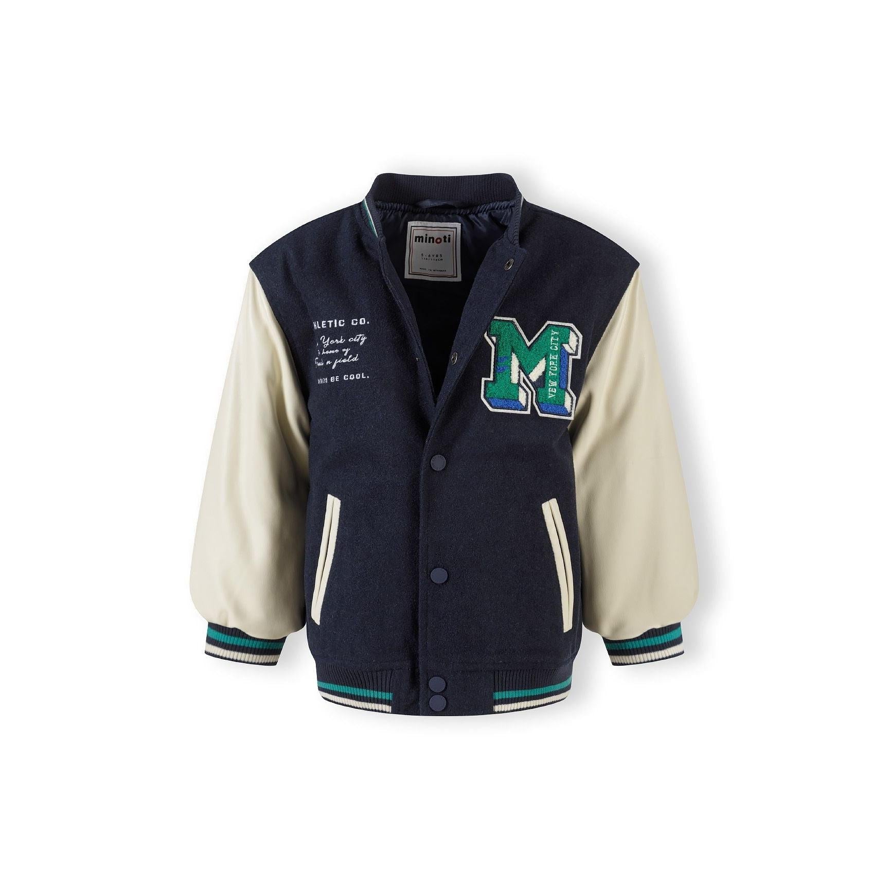 Navy baseball jacket laid flat showing cream sleeves, ribbed collar and cuffs, press stud fastening and front pockets