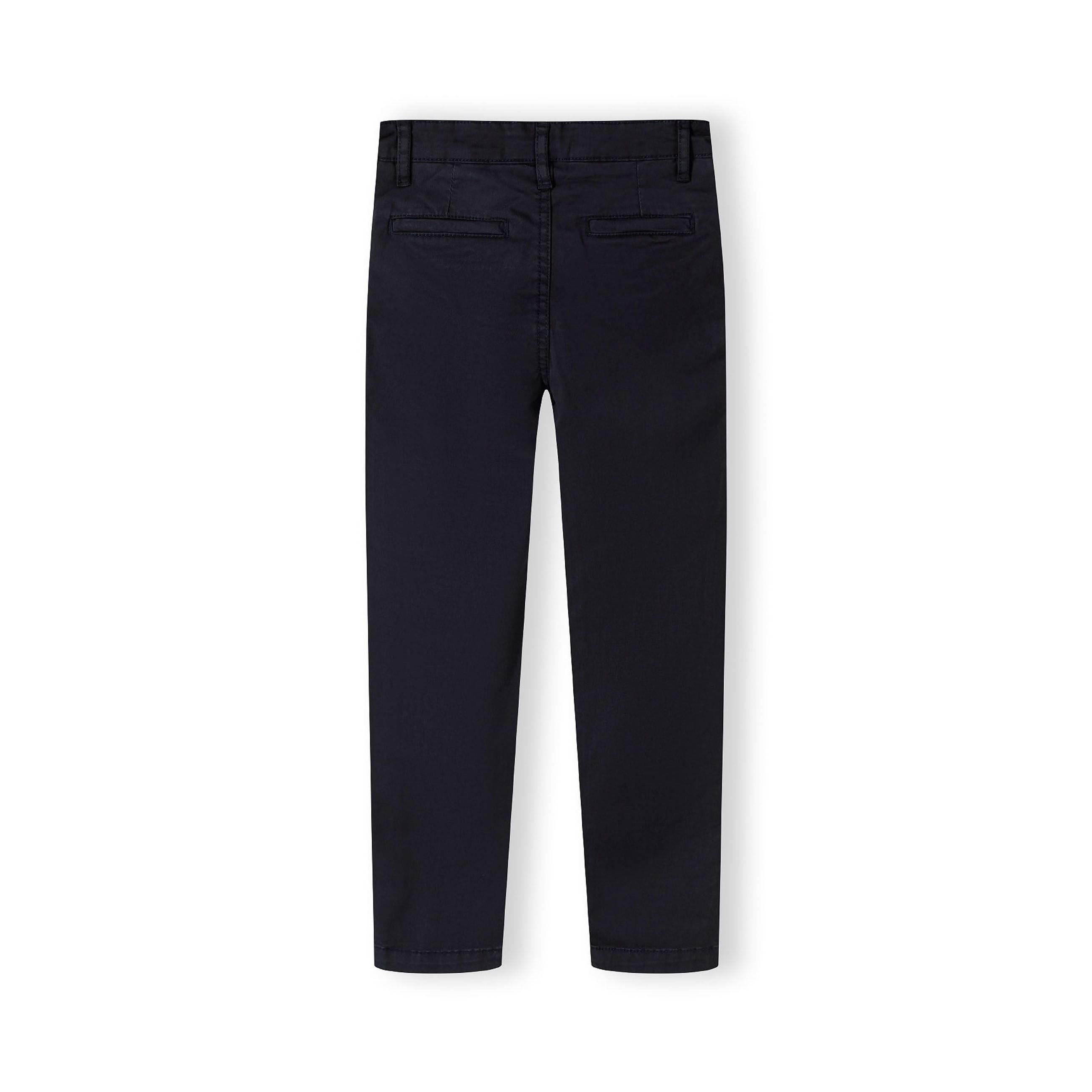 Back view of navy chino trousers showing rear pockets and tailored fit on white background
