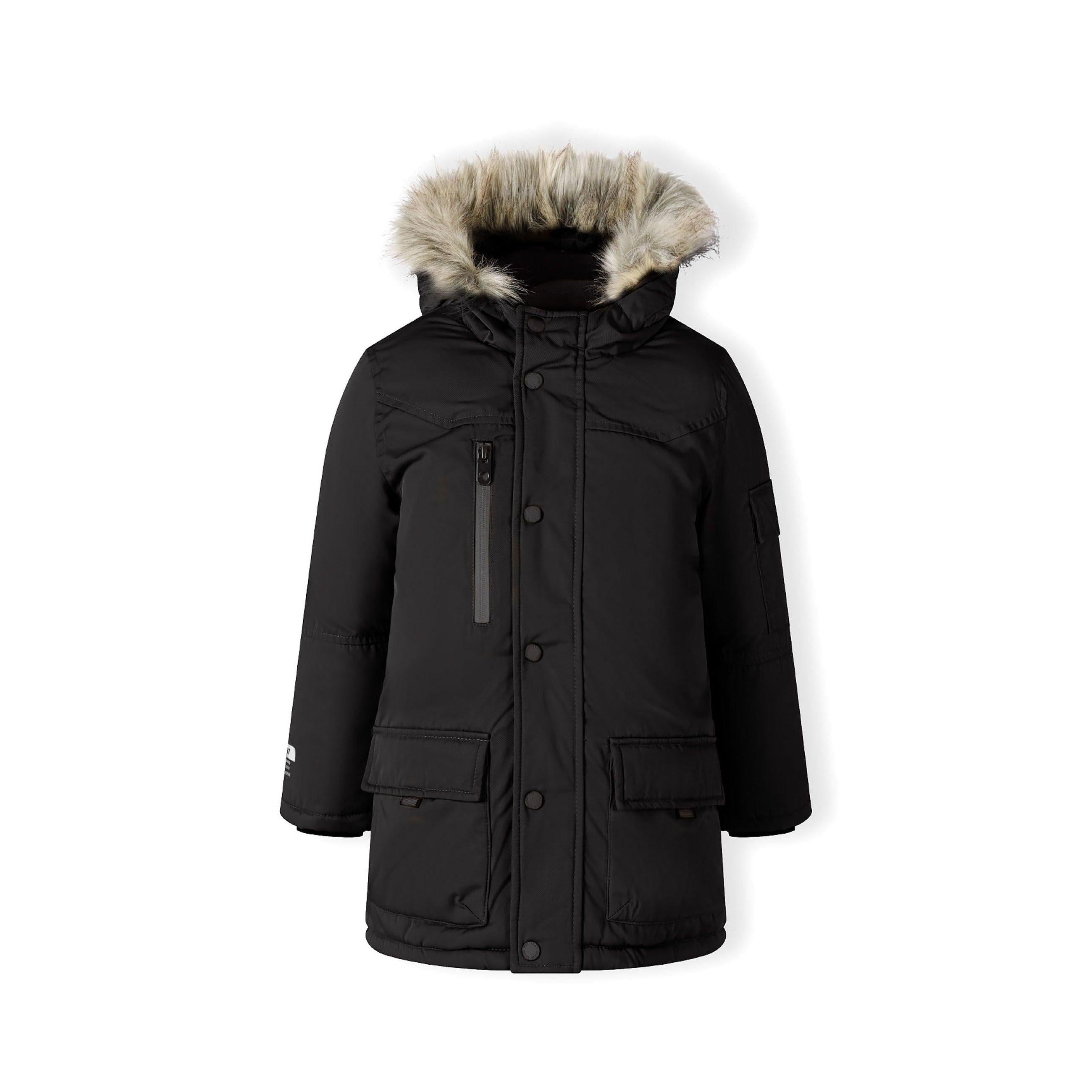 Close-up detail of black parka hood with grey faux fur trim showing attachment buttons and fabric texture