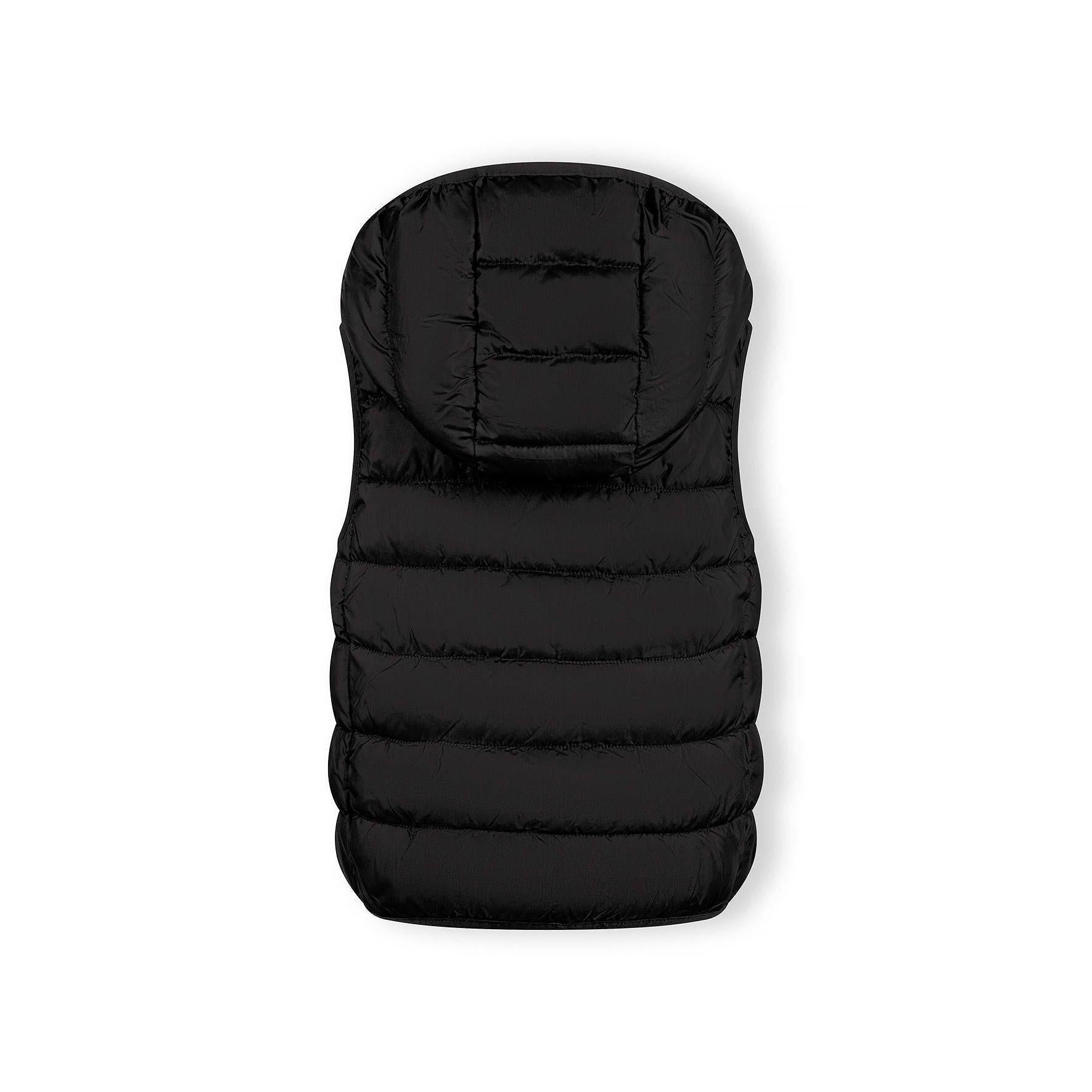 Detail view of black padded gilet front zipper and quilted chest panel construction