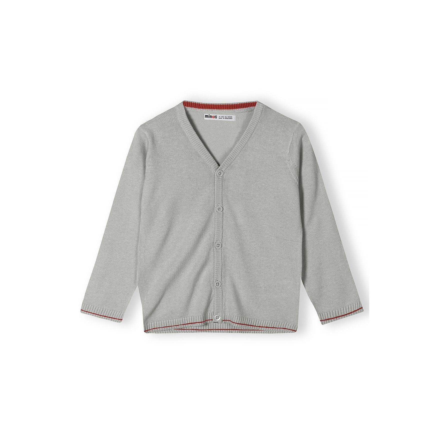 Grey knitted cardigan with button front and V-neckline, laid flat against white background showing front view with ribbed trim details