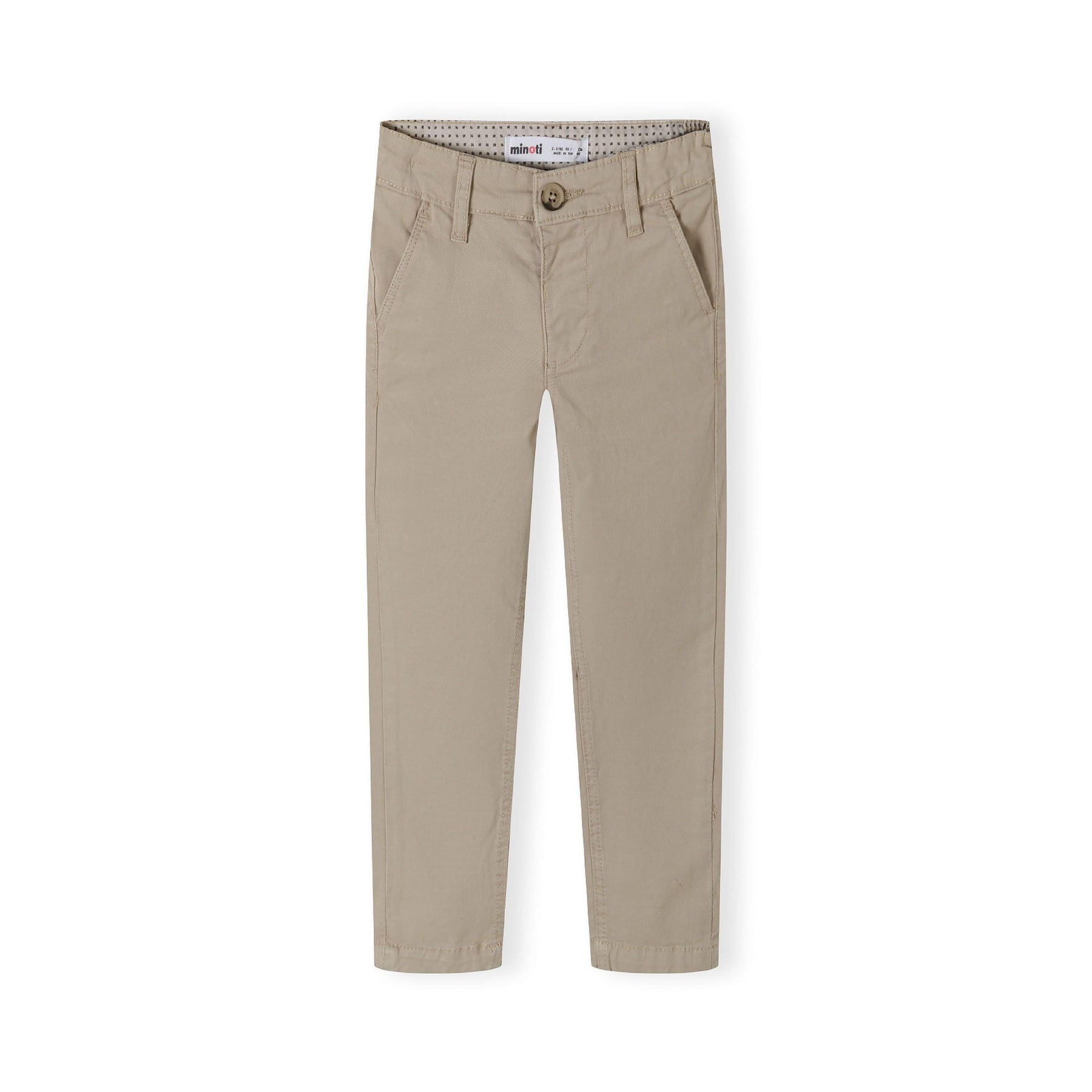 Back view of grey chino trousers showing slim fit silhouette, back pockets and waistband details on white background