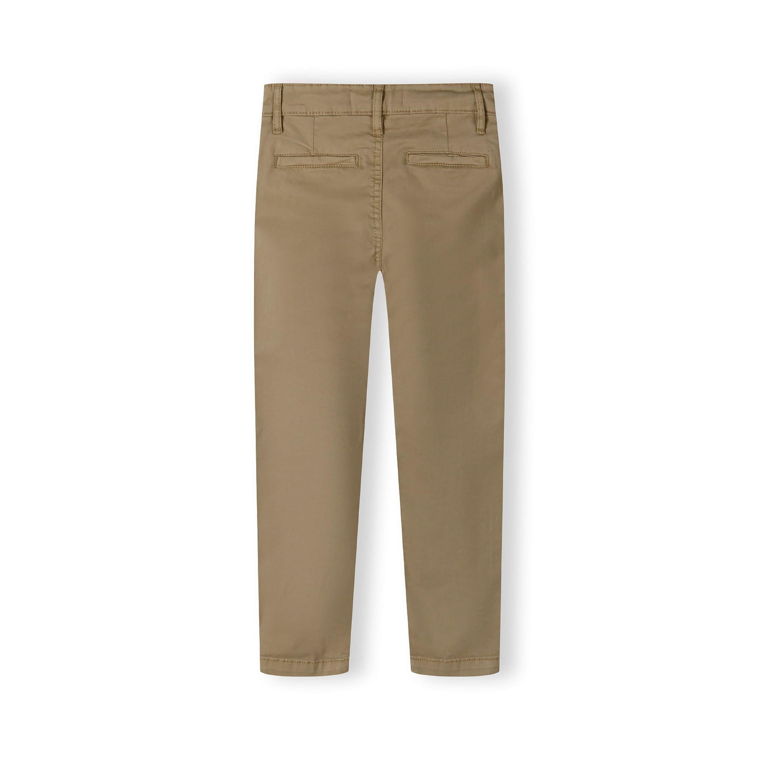 Back view of beige chino trousers laid flat showing tailored fit, back pockets and clean finishing details