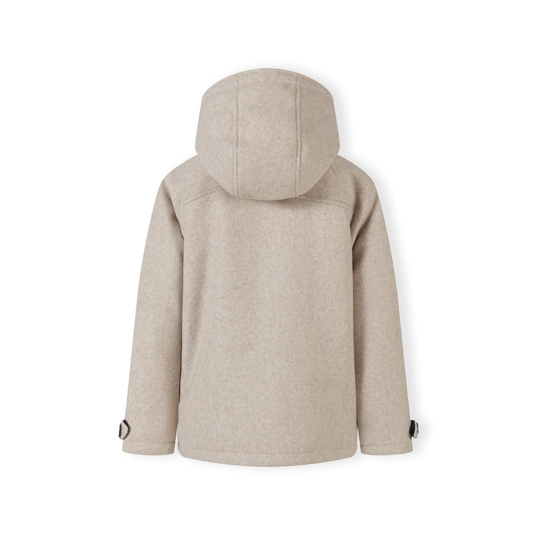 Back view of beige winter coat showing hood construction and clean tailored silhouette on white background