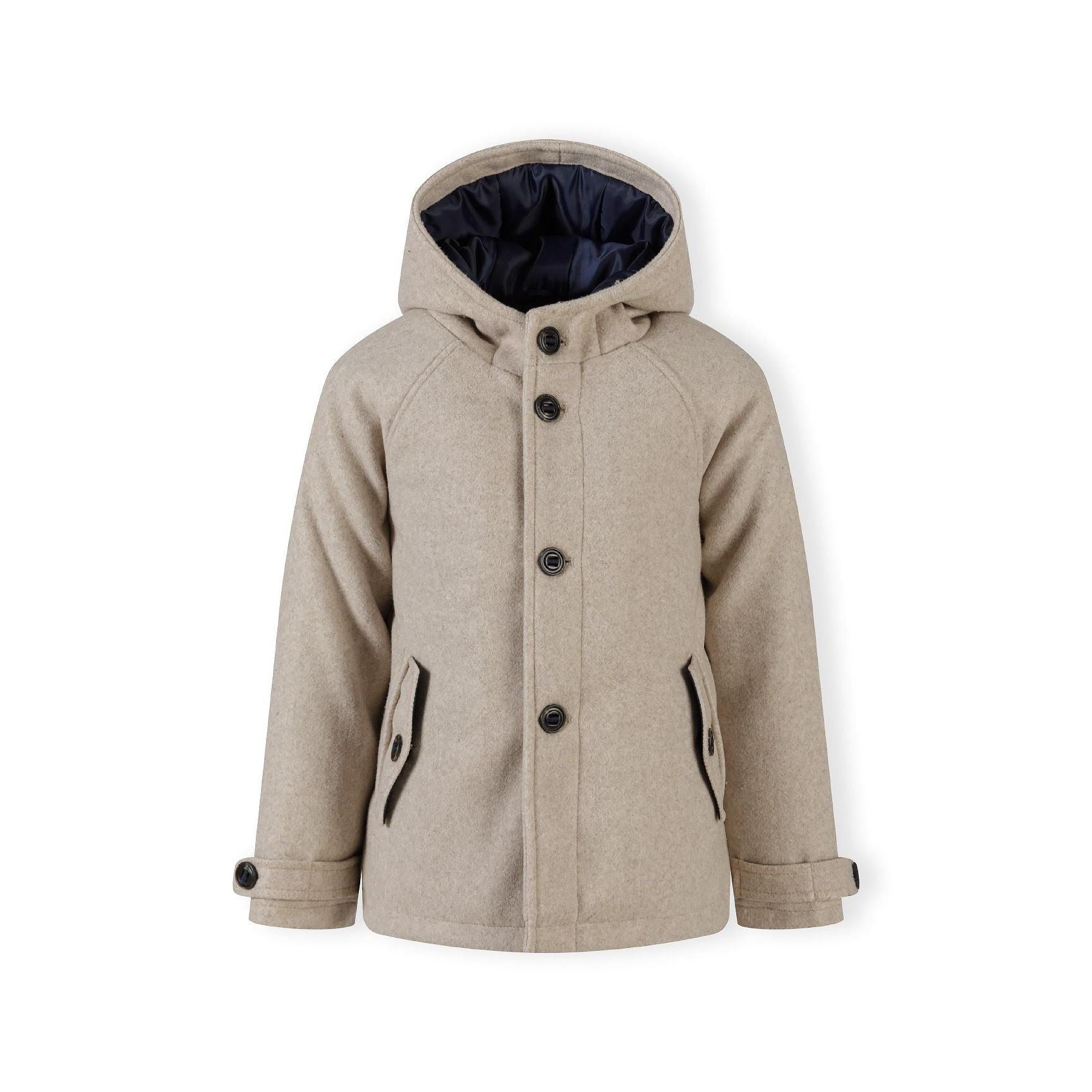 Back view of beige winter coat showing hood construction and clean tailored silhouette on white background
