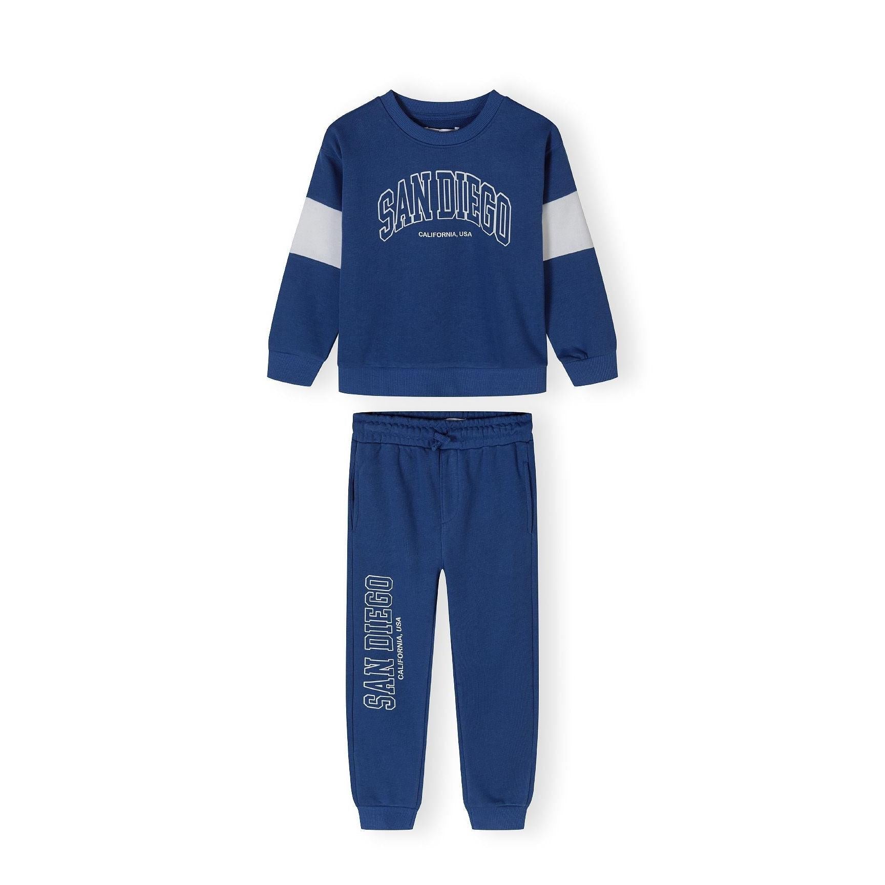 Back view of cobalt blue sweatshirt laid flat showing plain design with white contrast panels on sleeves and ribbed collar and cuffs