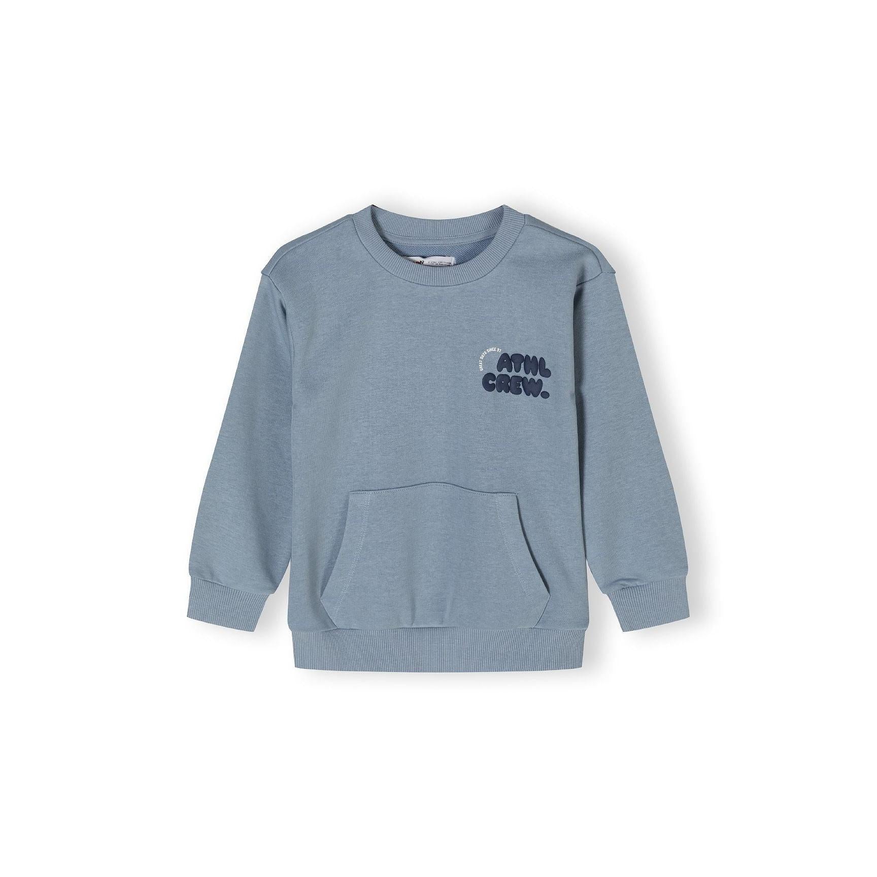 Back view of dusty blue crew neck sweatshirt showing plain design with ribbed hem and cuffs against white background