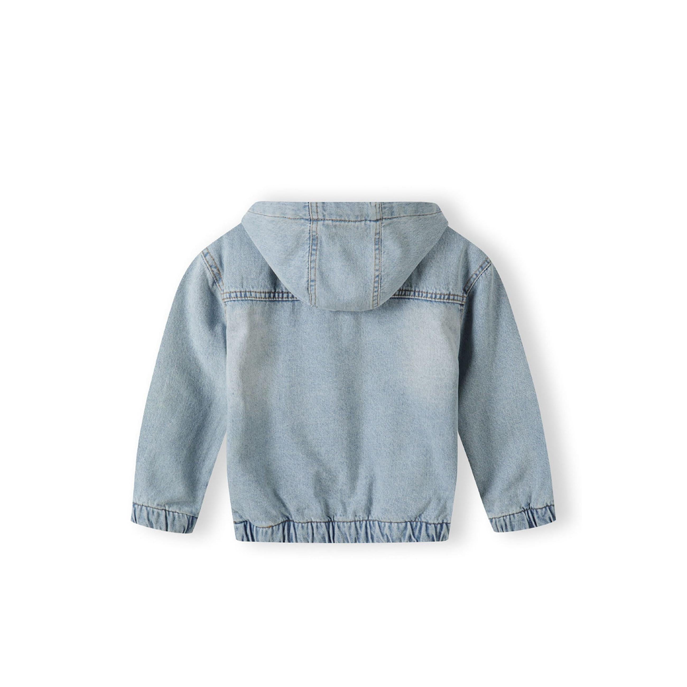 Back view of light blue denim jacket with hood showing ribbed cuffs and hem details on white background