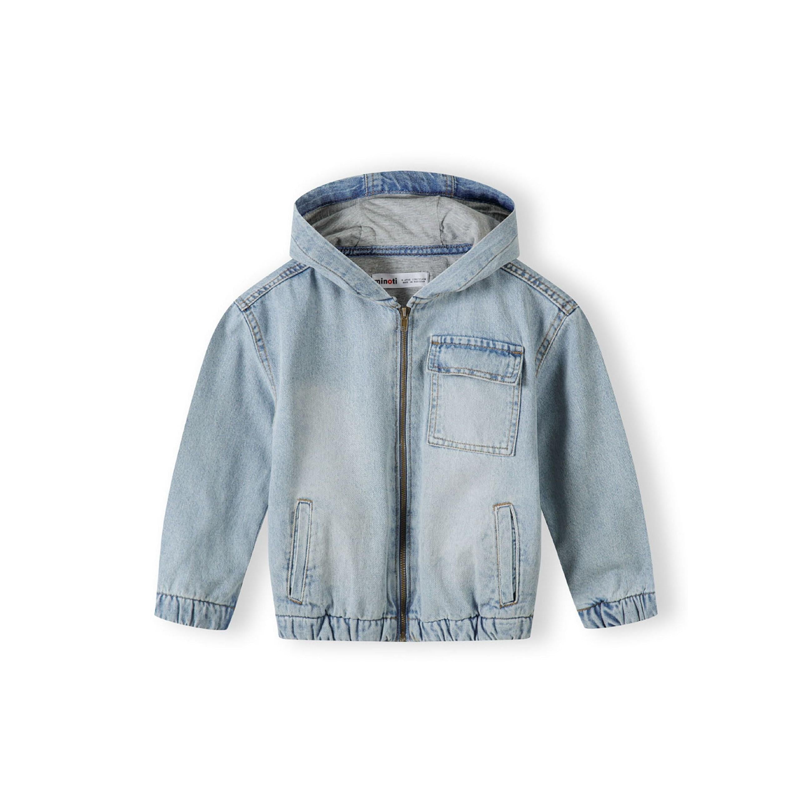 Back view of light blue denim jacket with hood showing ribbed cuffs and hem details on white background