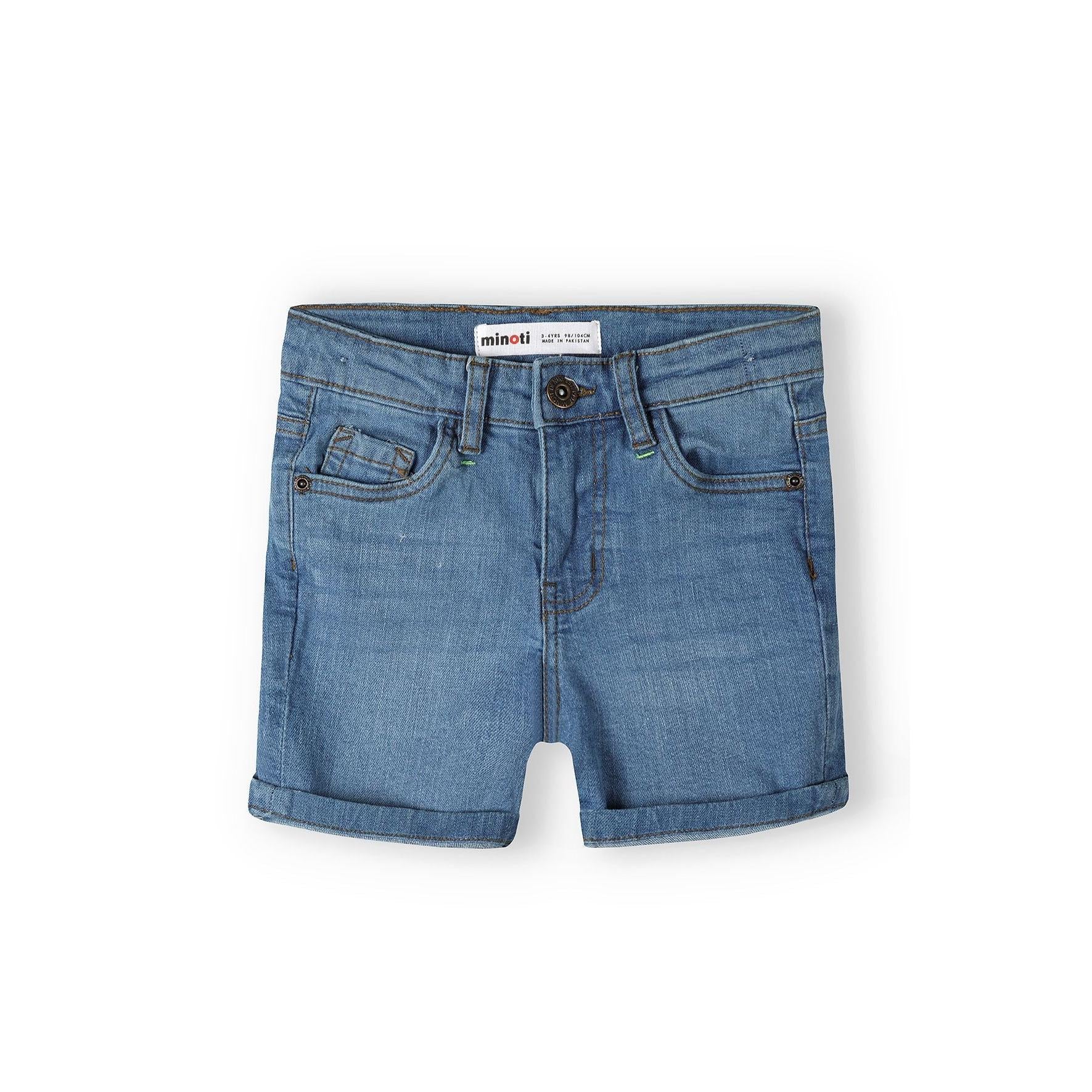 Front flat lay of navy denim shorts displaying classic styling with rolled hem and front pockets on white background