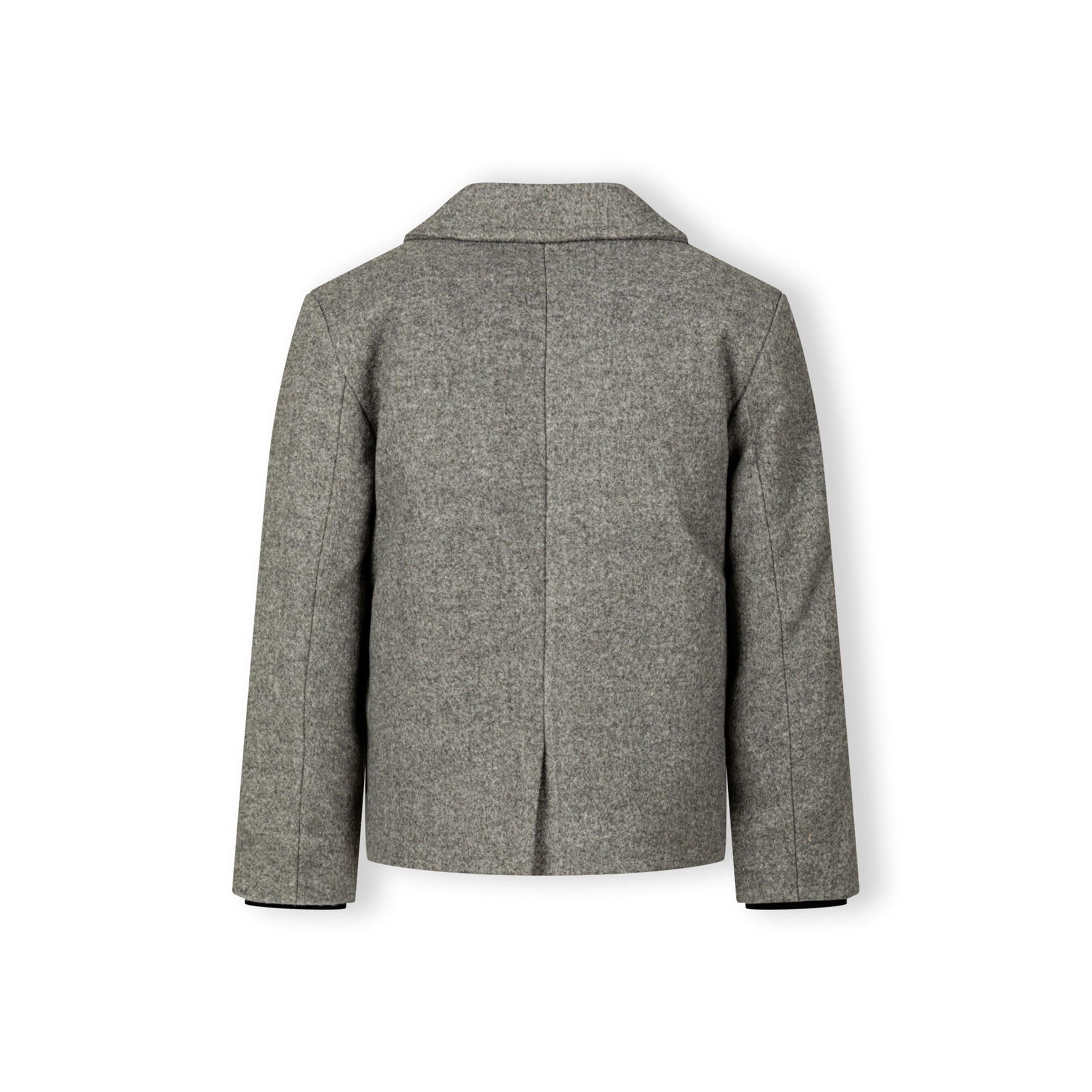 Back view of grey wool-blend coat showing structured tailoring and center back seam on white background