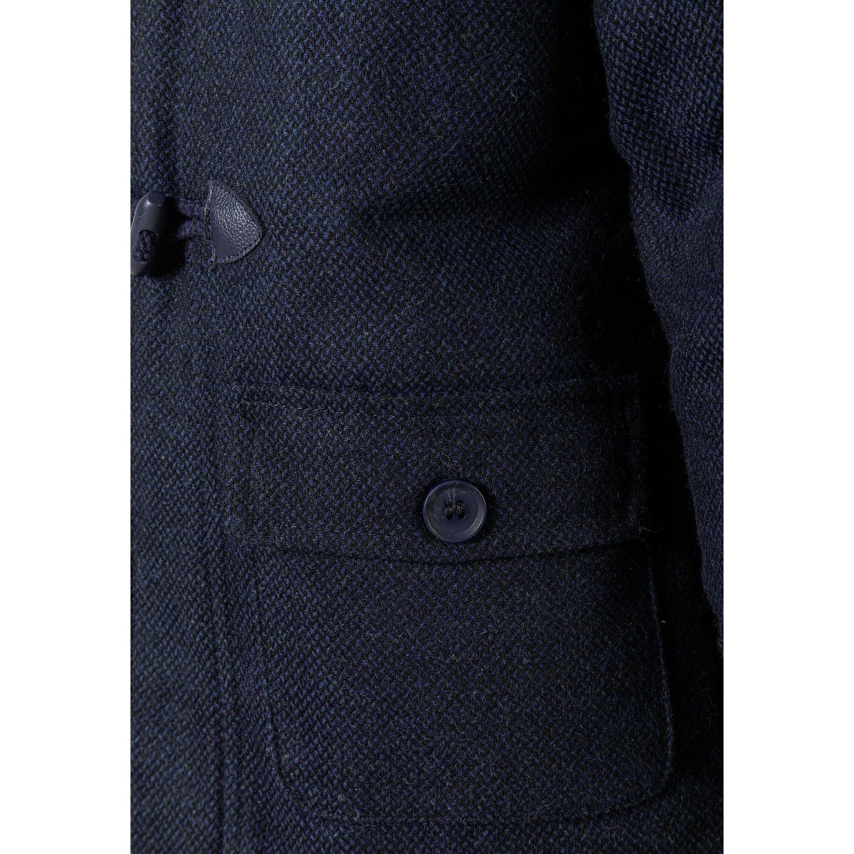 Close-up detail of navy duffle coat showing textured fabric, wooden toggle fastening and patch pocket with button