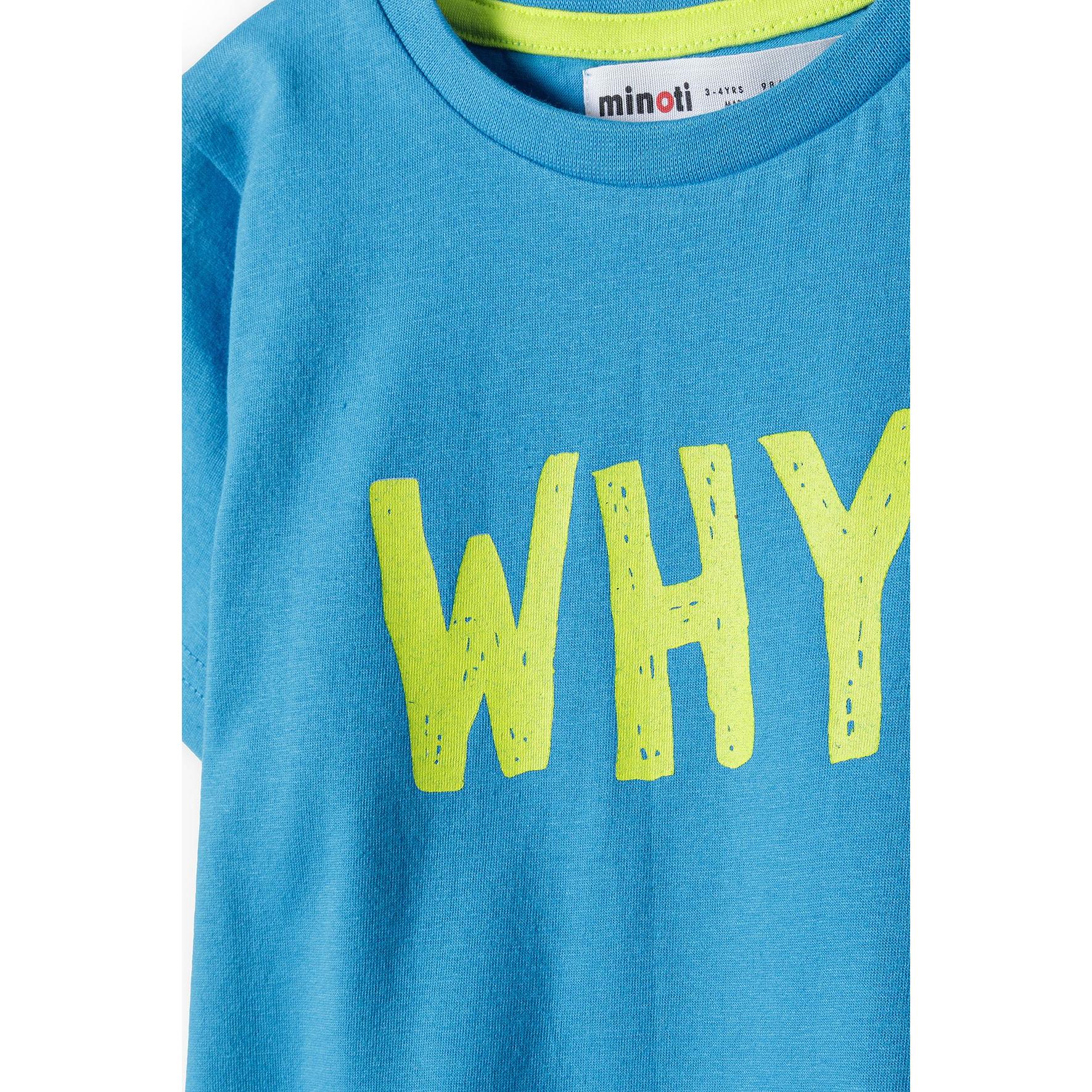 Close-up detail of yellow WHY! print on turquoise fabric showing Minoti brand label at neckline