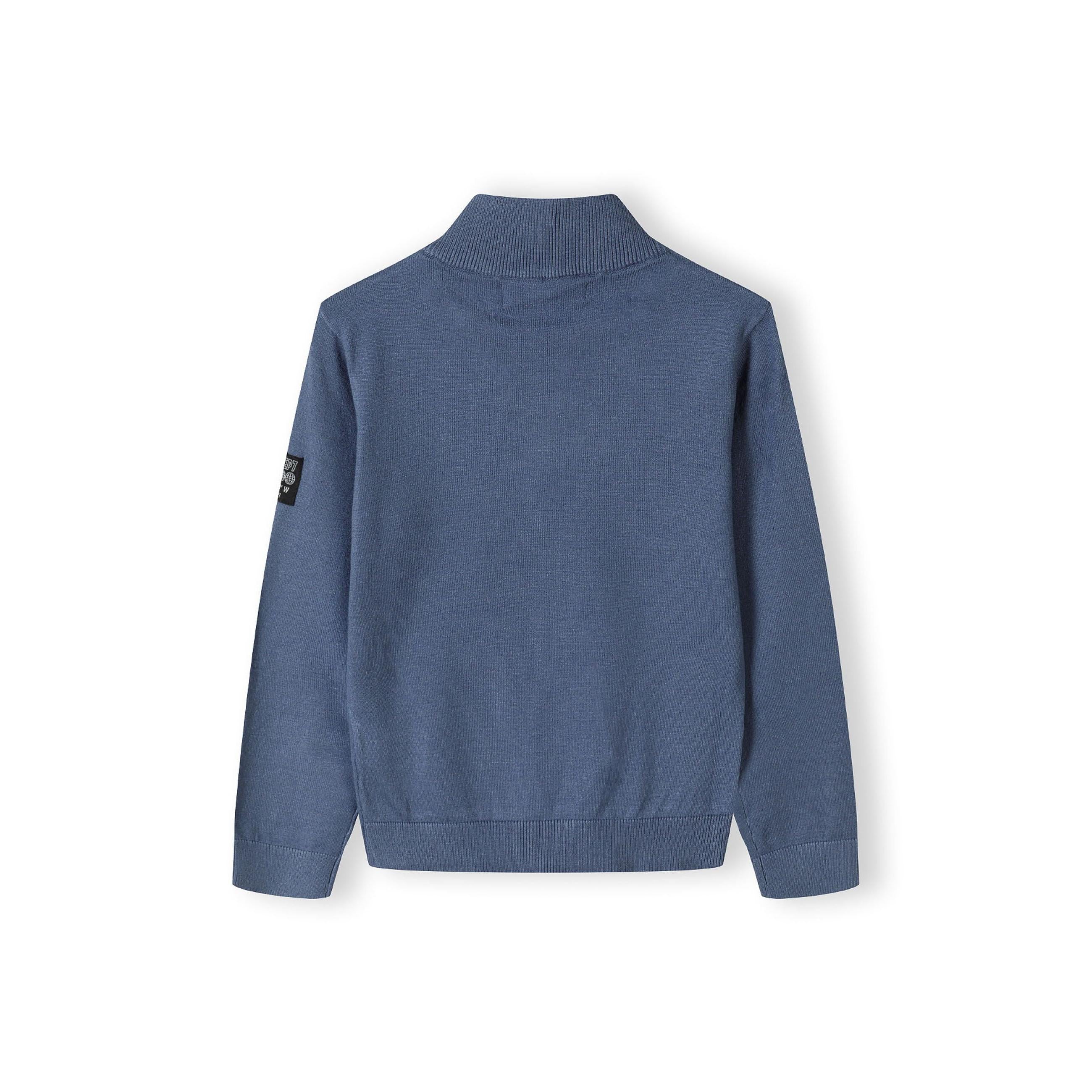 Back view of blue half zip jumper showing stand collar and ribbed texture detail on white background