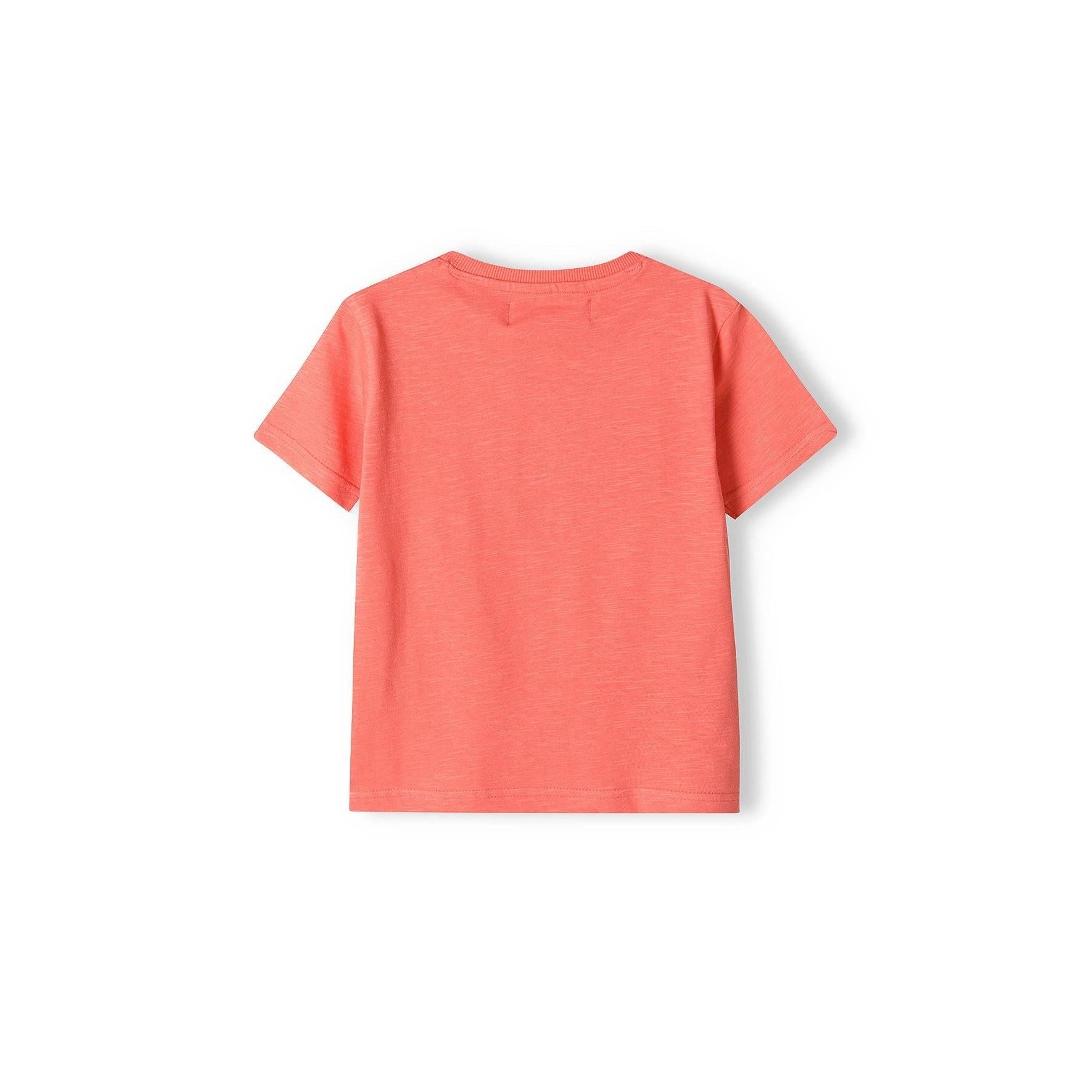 Back view of coral henley t-shirt laid flat showing clean lines and short sleeves