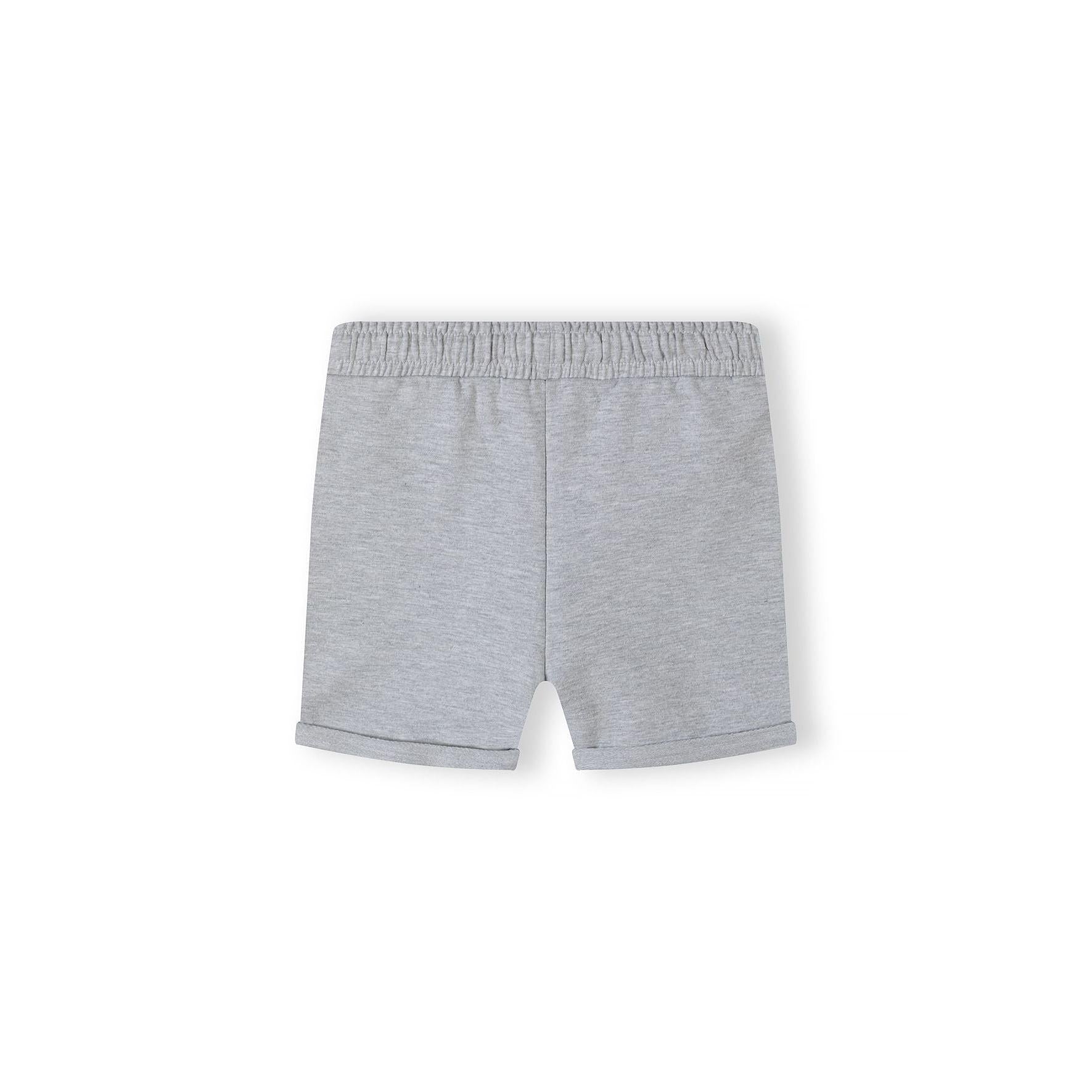 Detail view of grey marl fleece shorts showing elasticated waistband with white drawstring ties and relaxed fit styling