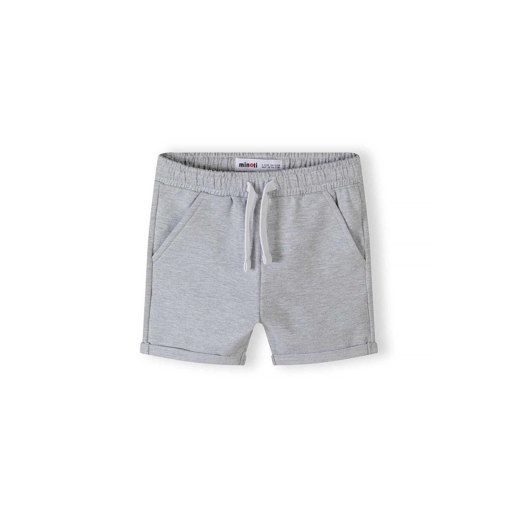 Detail view of grey marl fleece shorts showing elasticated waistband with white drawstring ties and relaxed fit styling