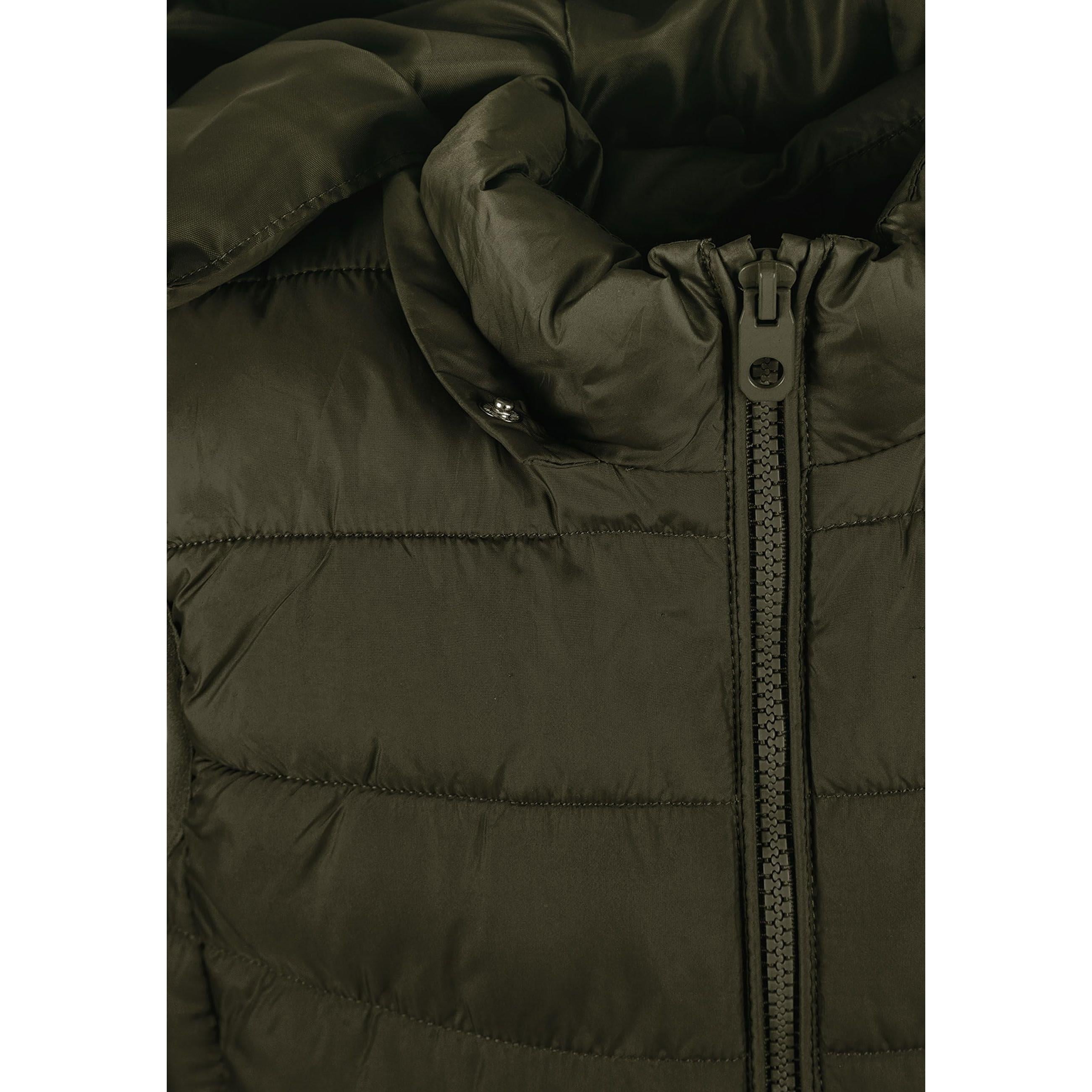 Close-up detail of khaki gilet showing quilted padding, zip closure and hood attachment