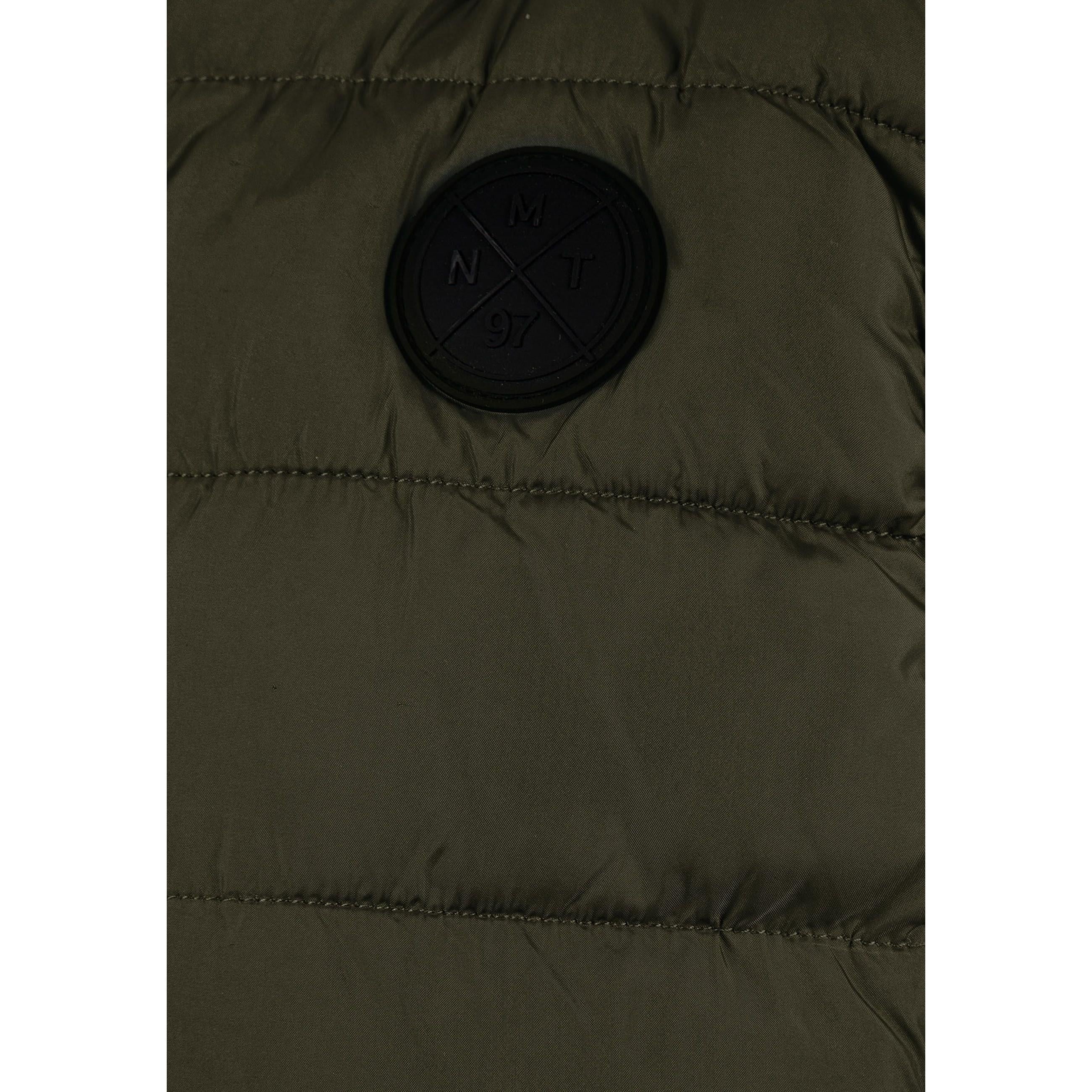 Close-up detail of khaki gilet showing quilted padding, zip closure and hood attachment