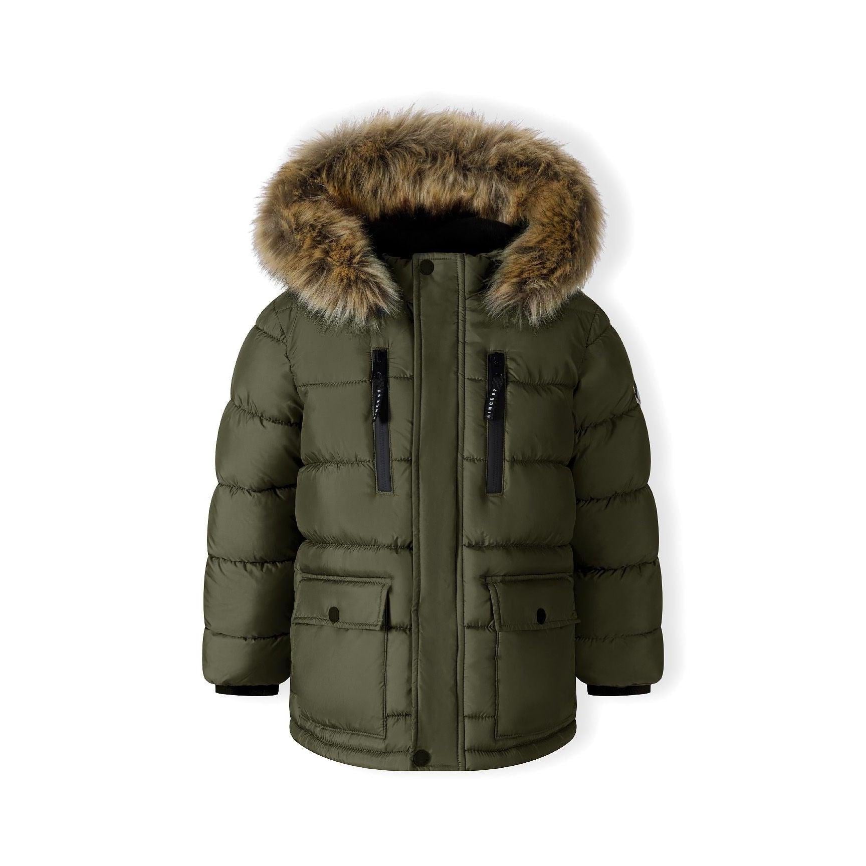 Khaki parka jacket laid flat showing quilted construction, detachable faux fur hood and multiple pockets against white background