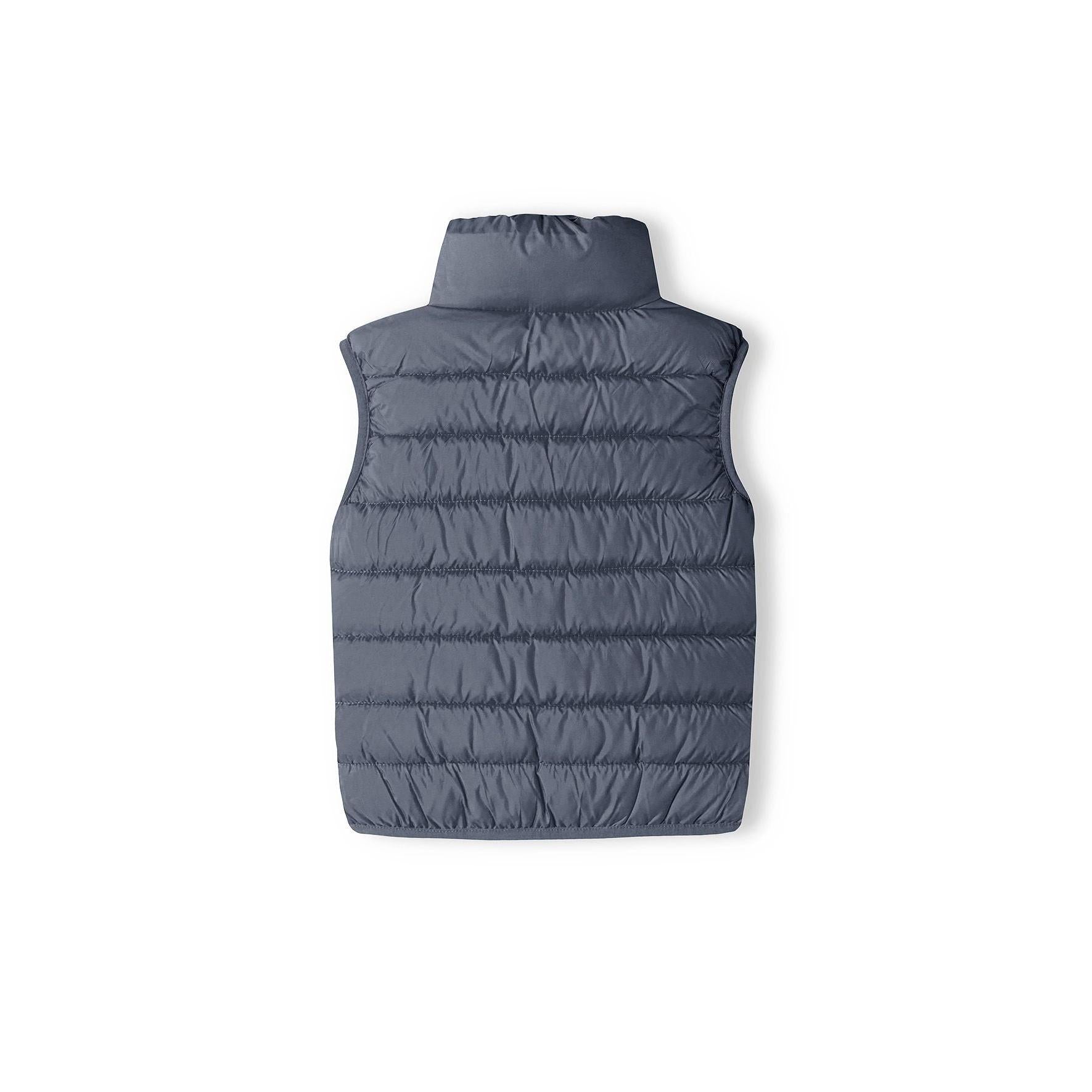 Grey padded gilet laid flat showing quilted construction, stand collar and full zip closure on white background